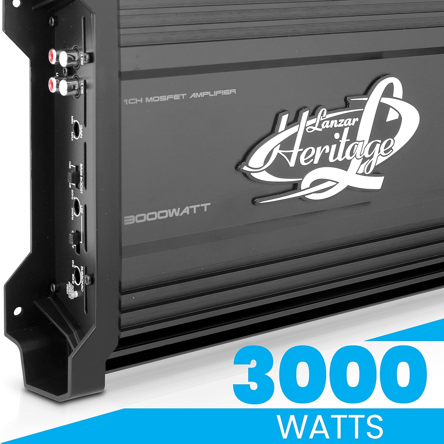 Lanzar 3000 Watt 2-Ohm Stable Monoblock Mosfet Amplifier, High-Power Car Audio Amp with Electronic Crossover Network, Bass Boost Circuit, Low Pass Filter Controls, and Nickel RCA Inputs, 13