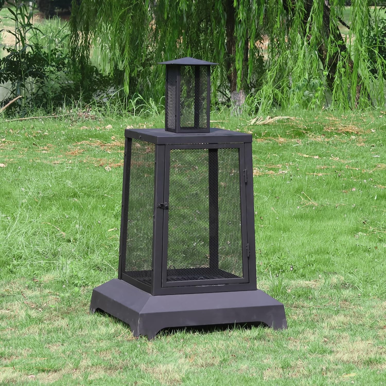 Walsport Chiminea Outdoor Fireplace, 43 Inch Wood Burning Fire Pit with Grill Grate and Spark Screen Cover, Outdoor Fire Pit for Patio, Backyard, Deck Porch and Camping (Black) ﻿