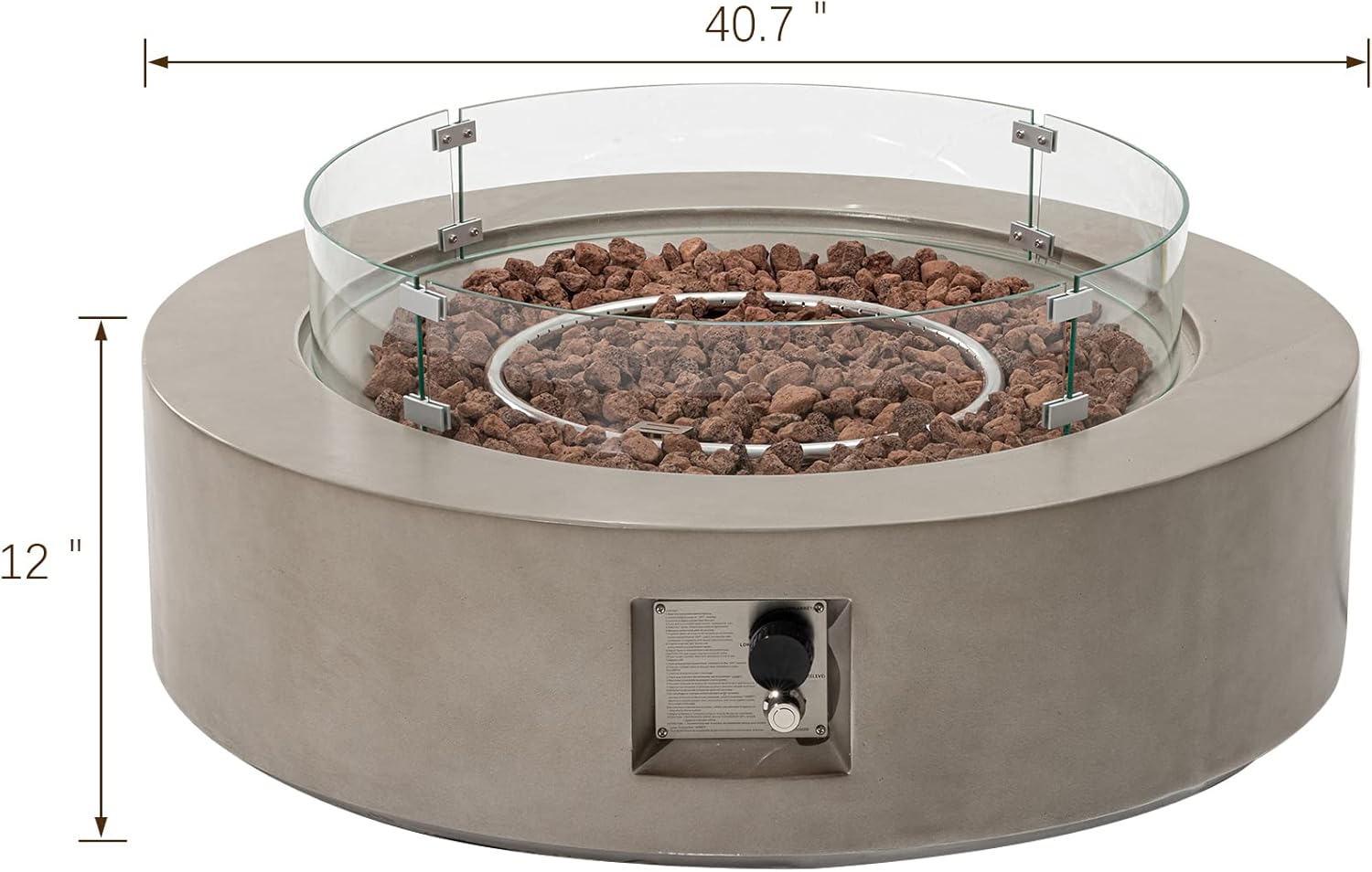 SUNBURY Outdoor Propane Burning Fire Pit, Circular Gray Patio Fire Table 50,000 BTU w Lava Rocks, Glass Wind Guard, Waterproof Cover