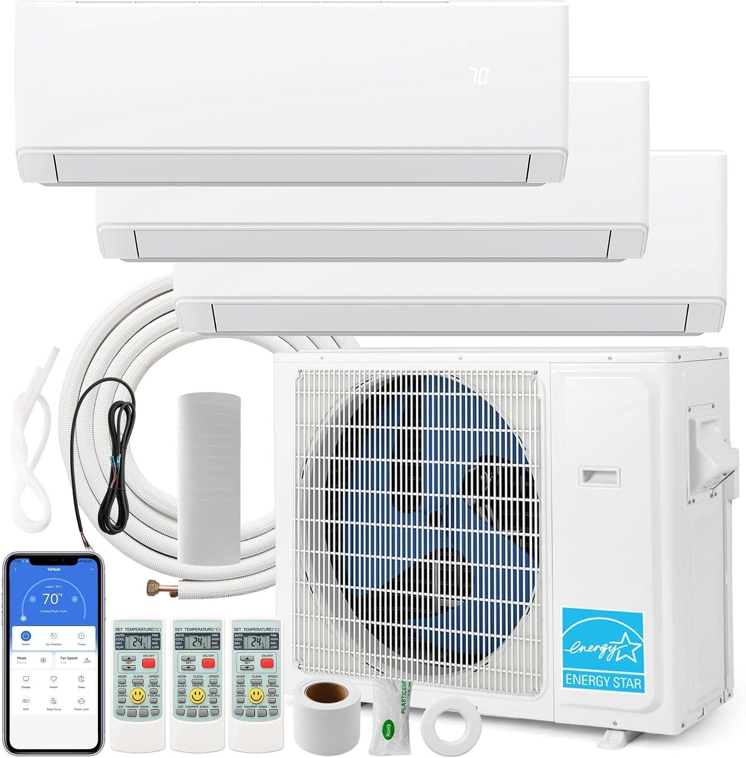 SIMOE 36K BTU ODU Tri 3 Zone Mini Split Air Conditioner, 12,000 + 12,000 + 18,000BTU, 23 SEER2 208-230V Cools Up to 2100 Sq.Ft, Wifi Enabled Mini Split AC with 3.5 Ton Heat Pump Pre-Charged