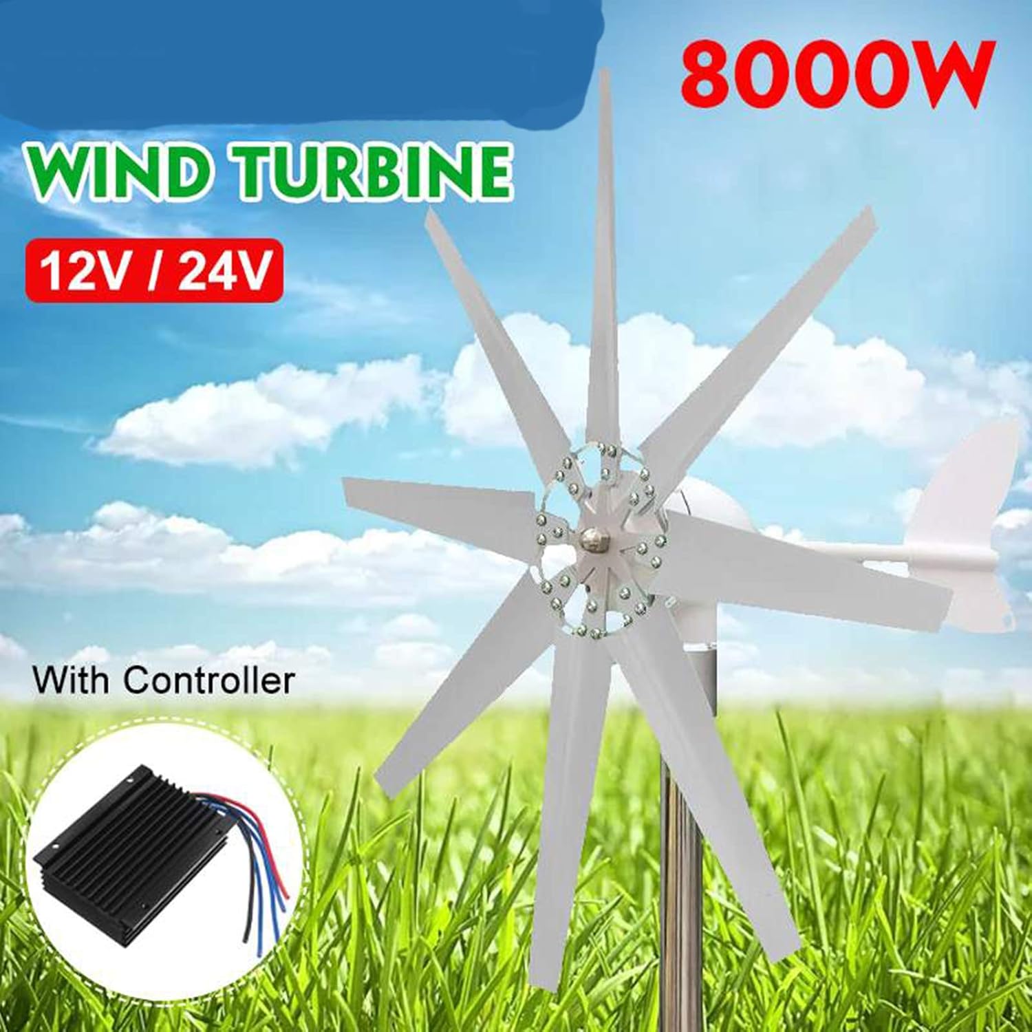 8000W 12V/24V Wind Turbine Generator, Wind Generator Kit with Charge Controller, Wind Power Generator for Hybrid Solar Wind System (8 Blades,White)