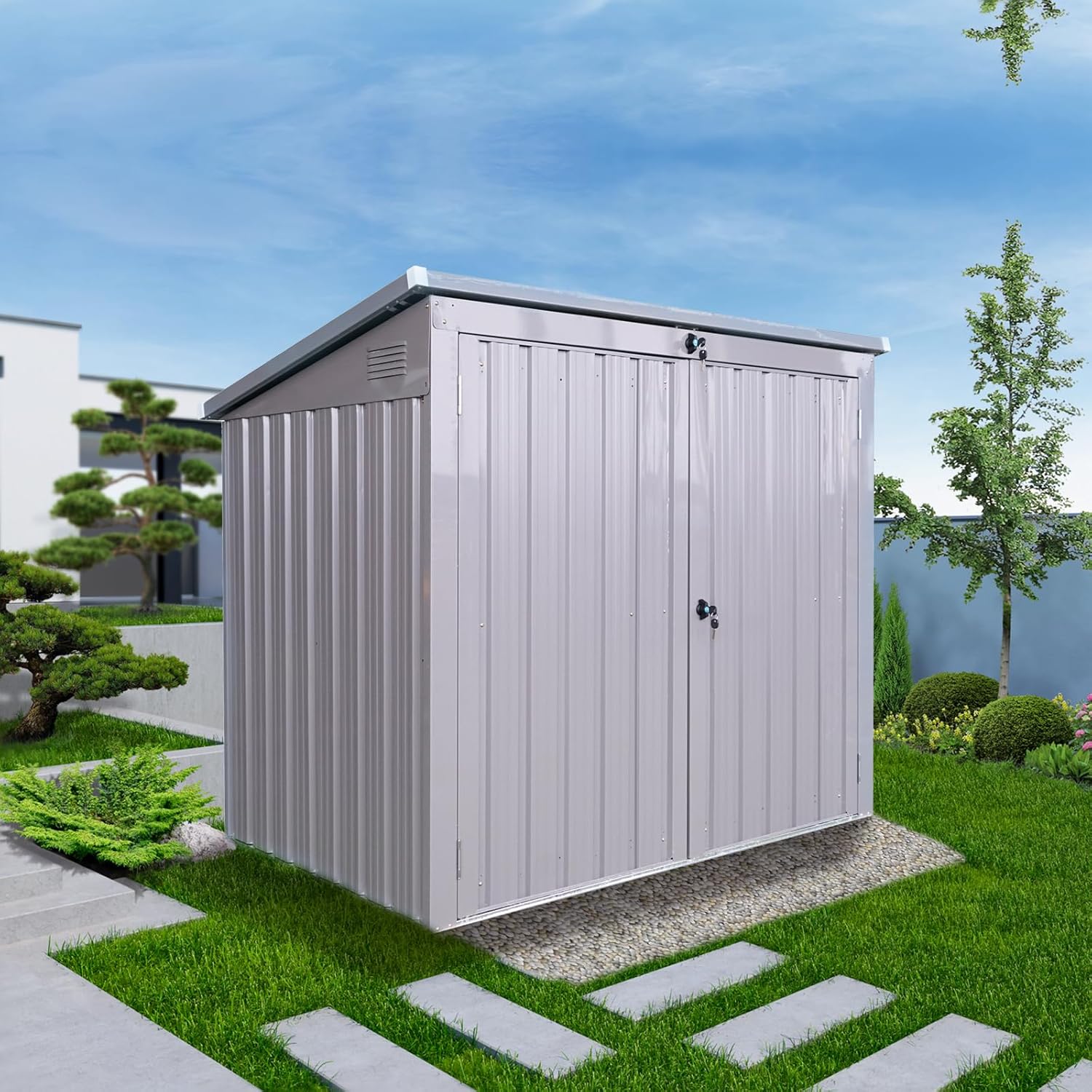 Upgraded Outdoor Trash Can Storage, 62'' Garbage Bin Shed Stores 2 Trash cans and Tools,Stainless Galvanized Steel Waterproof Lockable Garbage Shed for Garden Yard Lawn (Gray)