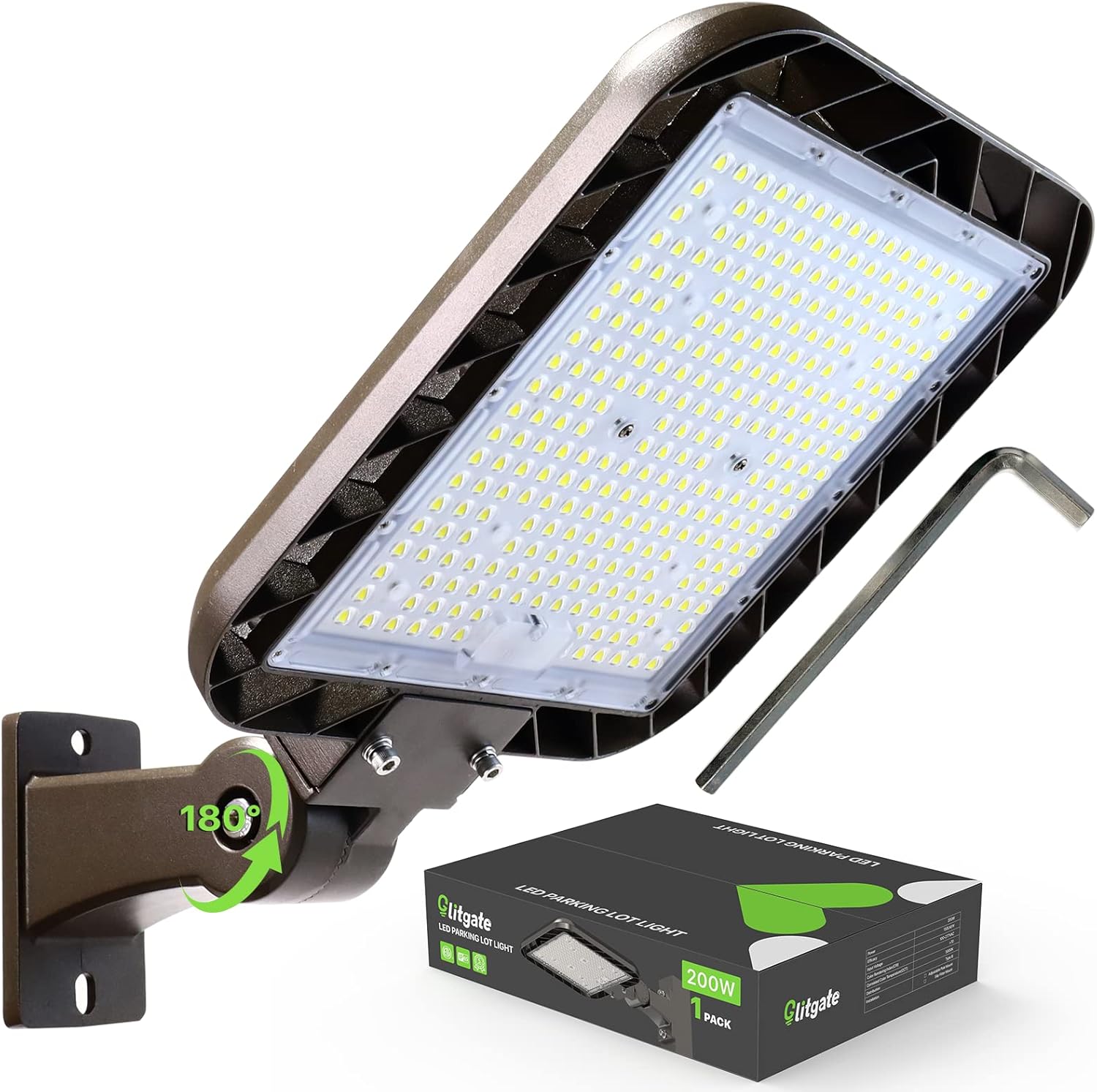 Glitgate 200W LED Parking Lot Light 30000LM 5000K Dusk to Dawn Photocell Street Light Adjustable Arm Mount IP65 Waterproof Commercial Area Security Light for Parking Lot, Street, Roadway