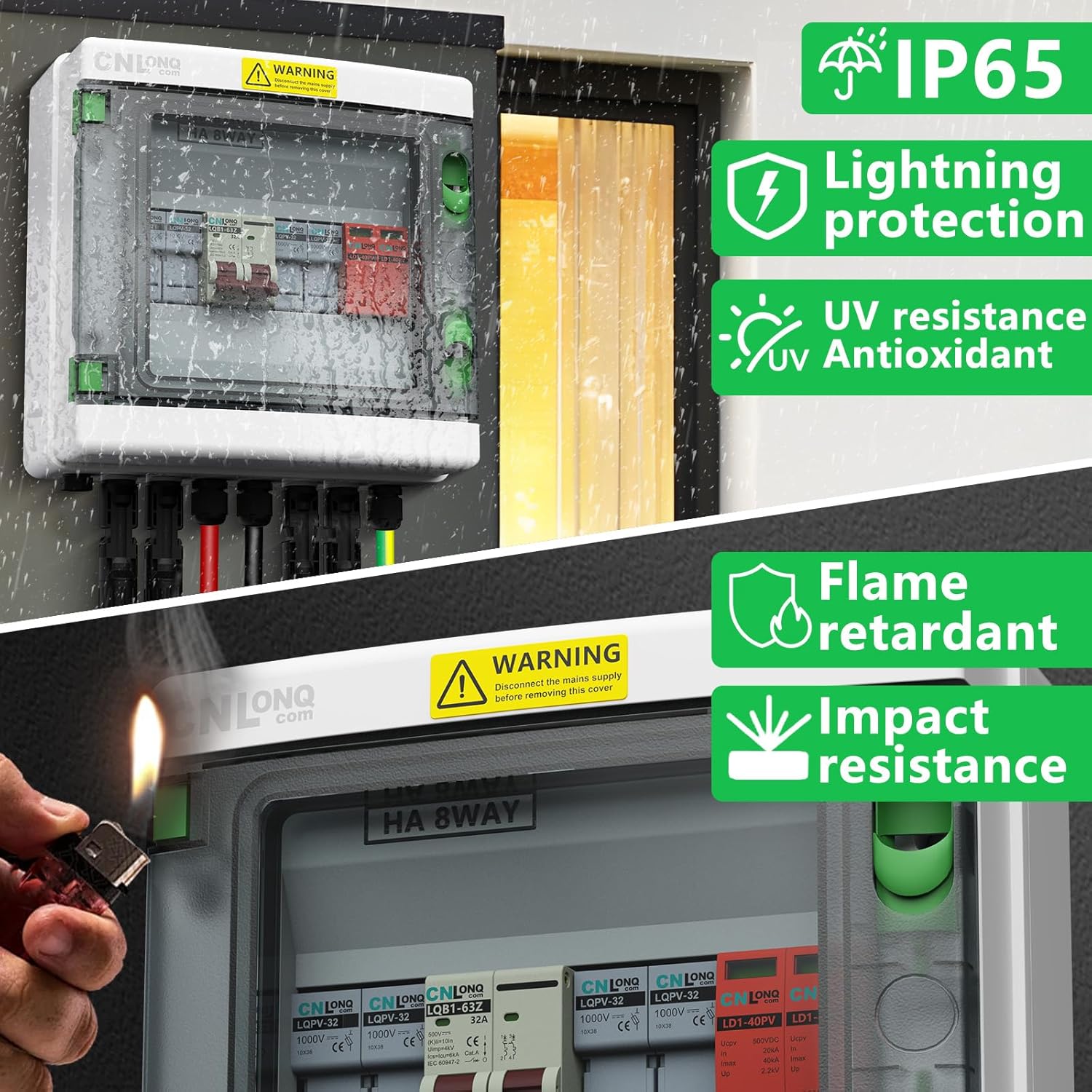 2 String Solar PV Combiner Box with 10pcs Fuse Link 30A DC1000V IP65 2 in 1 Out DC500V 32A Circuit Breaker with Surge Protector and 15A PV Fuse,Solar Disconnect Switch Outdoor Waterproof for Solar Pan