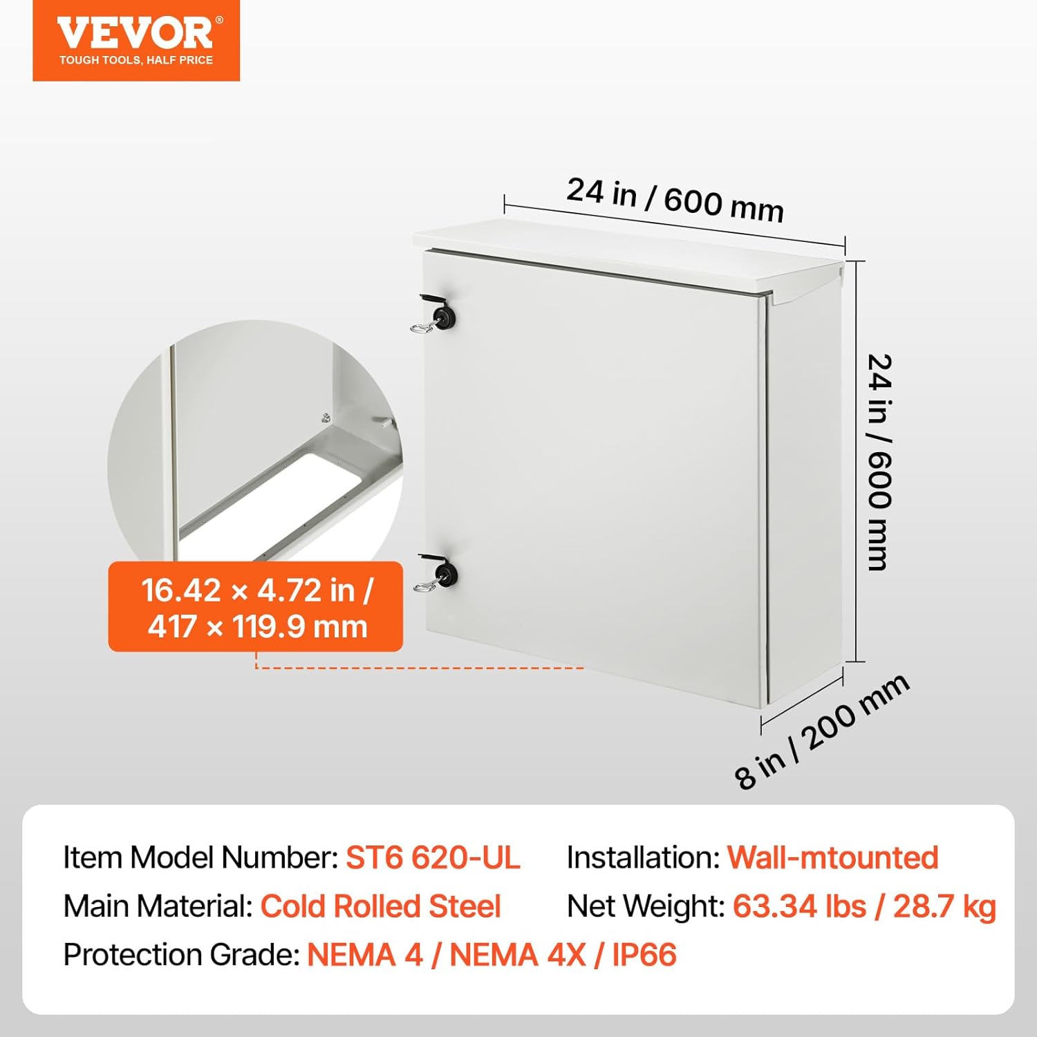 VEVOR Electrical Enclosure, 24'' x 24'' x 8'', NEMA 4 Outdoor Enclosure, IP65 Waterproof & Dustproof Cold-Rolled Carbon Steel Hinged Junction Box for Outdoor Indoor Use, with Rain Hood