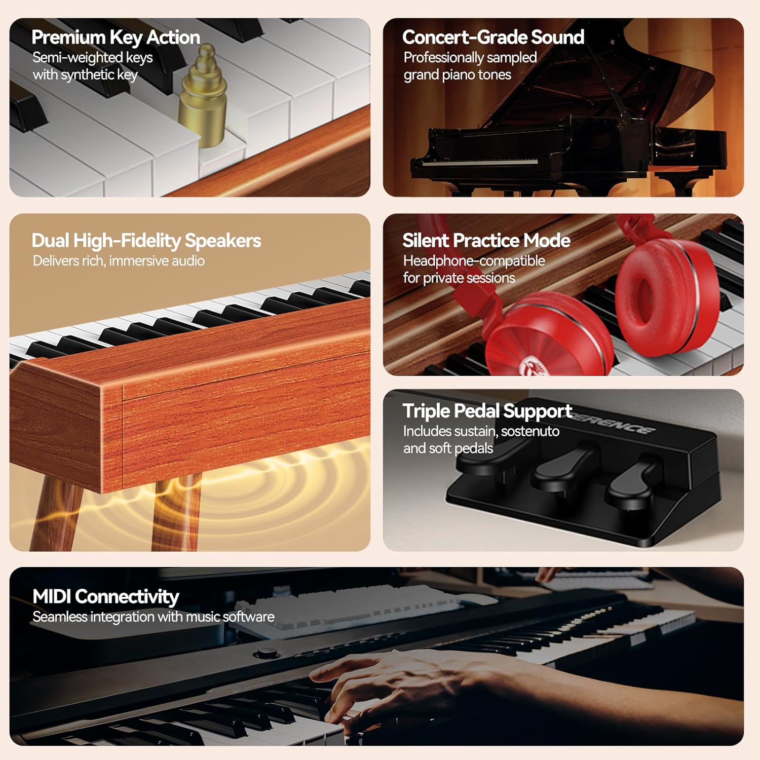 TERENCE Digital Piano 88 Key Semi-Weighted Keyboard,Full-Size Keyboard Piano for Beginners,Electric Piano with Stand,Triple Pedal,Removable Music Stand,Power Adapter