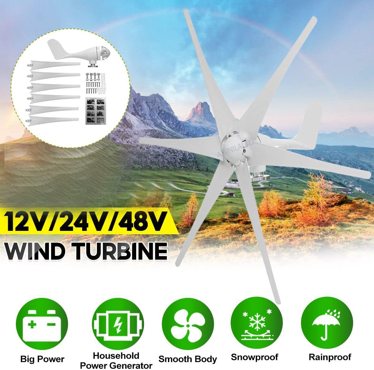 9000W-12000W Wind System Windmill Turbine Generator Kit + Charge Controller for Home Use (48V- 6 Fan Blades)