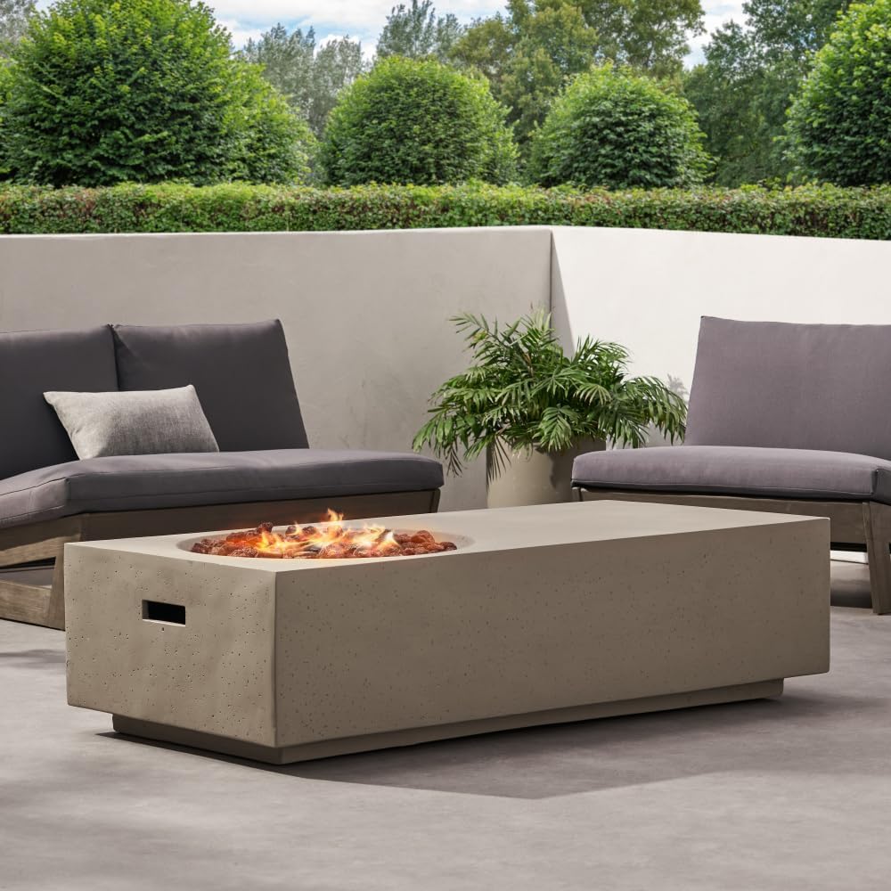 Modern Outdoor Propane Fire Pit Table with 50,000 BTU Stainless Steel Burner, Rectangular Concrete Design for Patio Garden Backyard