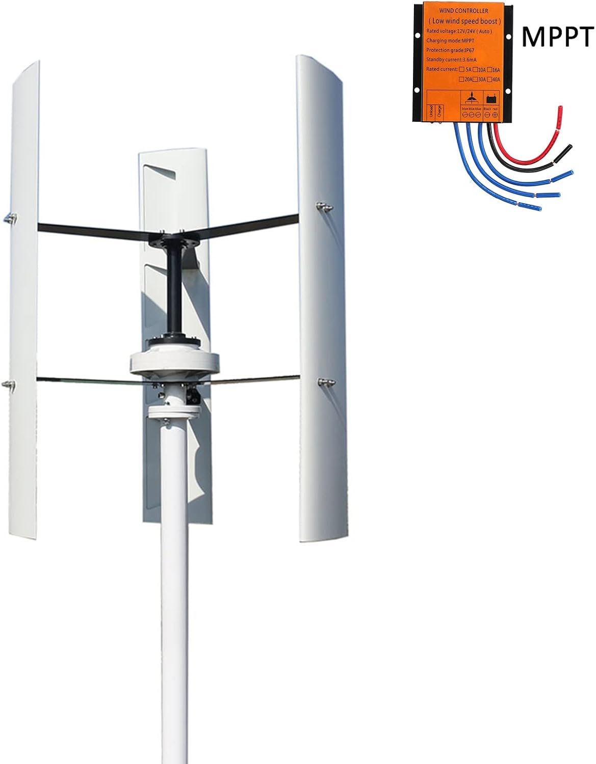 4000W 12V 24V 48V 220V Vertical Wind Turbine Magnetic Levitation Upright Wind Generator No Noise with MPPT Wind Controllerfor Home Ship(White)