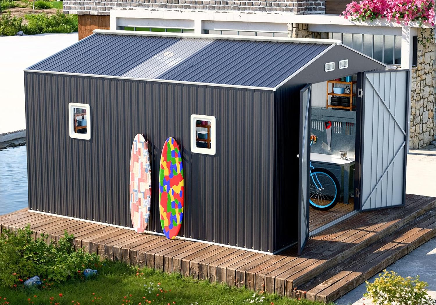 Metal Outdoor Storage Shed 10x12 FT Large Tools House with Clear Roof Windows Air Vent Door for Outside Garden Patio Lawn Backyard to Store Bikes,Lawnmower,Garage,Dark Grey