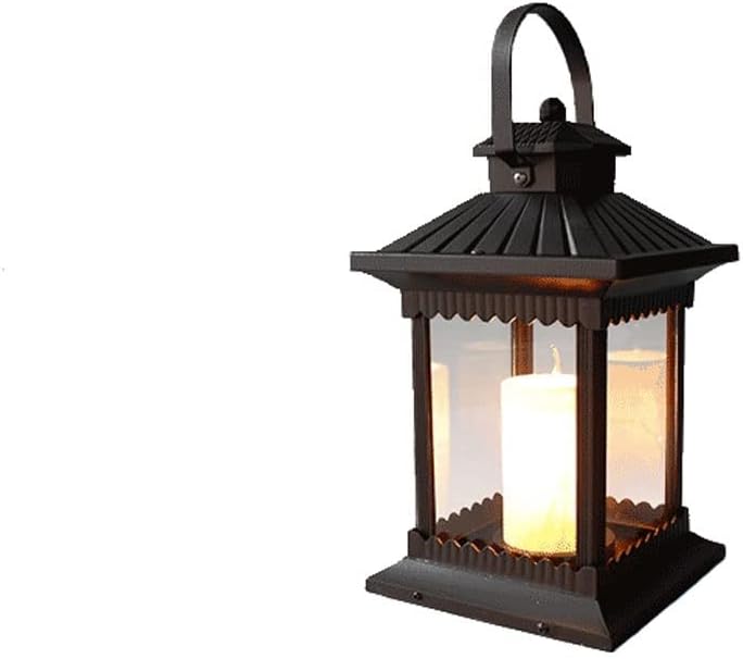Candle Shape Marble Material Decoration Outdoors Post Lantern 7.5-inch Wide Base, Utility Model Pillar Light Waterproof Column Lights with Glass Lampshade Patio Doorpost Lights with Pull Tab