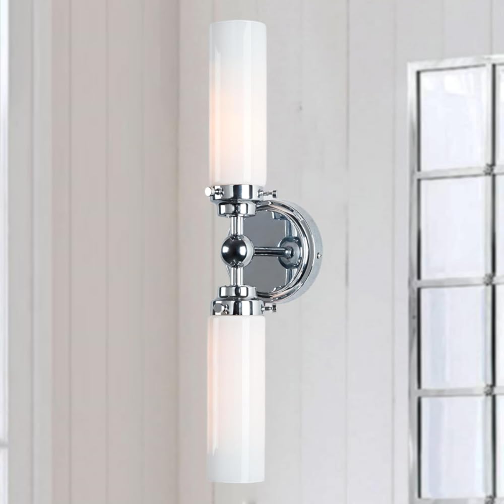 20 Inch Nickel Modern Opal Glass Double Tube Sconce, Metal Frame Wall Scone for Bedroom, Decor Cylindric Glass Tube Vanity Light Beside Mirror, Luxury Light Fixtures for Indoor