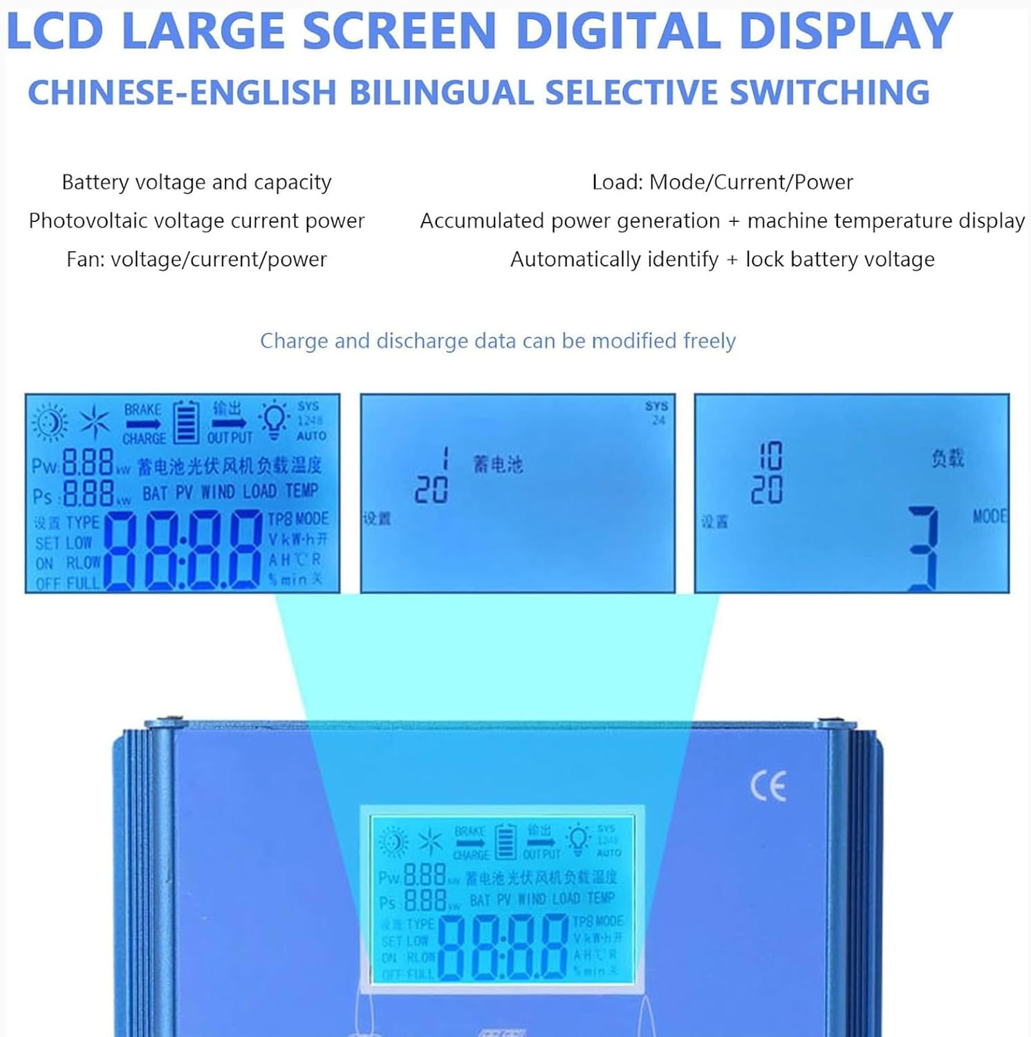 Wind-Solar MPPT Controller, 12V/24V/48V Voltage Detection, 12000W with LCD Display and Boost Charging for Home Or Off-Grid Systems(12v24v)