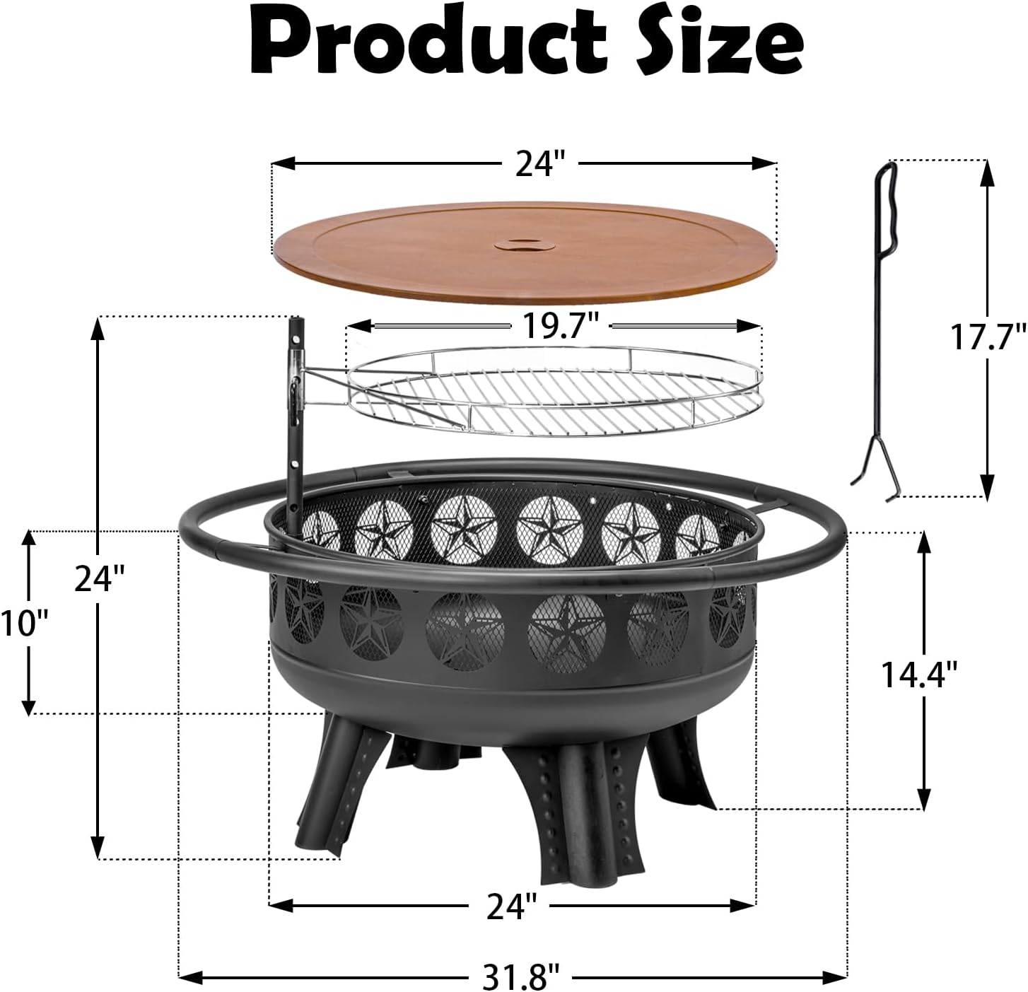 32 Inch Fire Pit with Swivel Cooking Grate,3-in-1 Wood Burning Firepit with Grill,Outdoor Fire Pits Table with Metal Lid and Poker for Outside Patio Backyard BBQ Bonfire Camping (32 Inch)