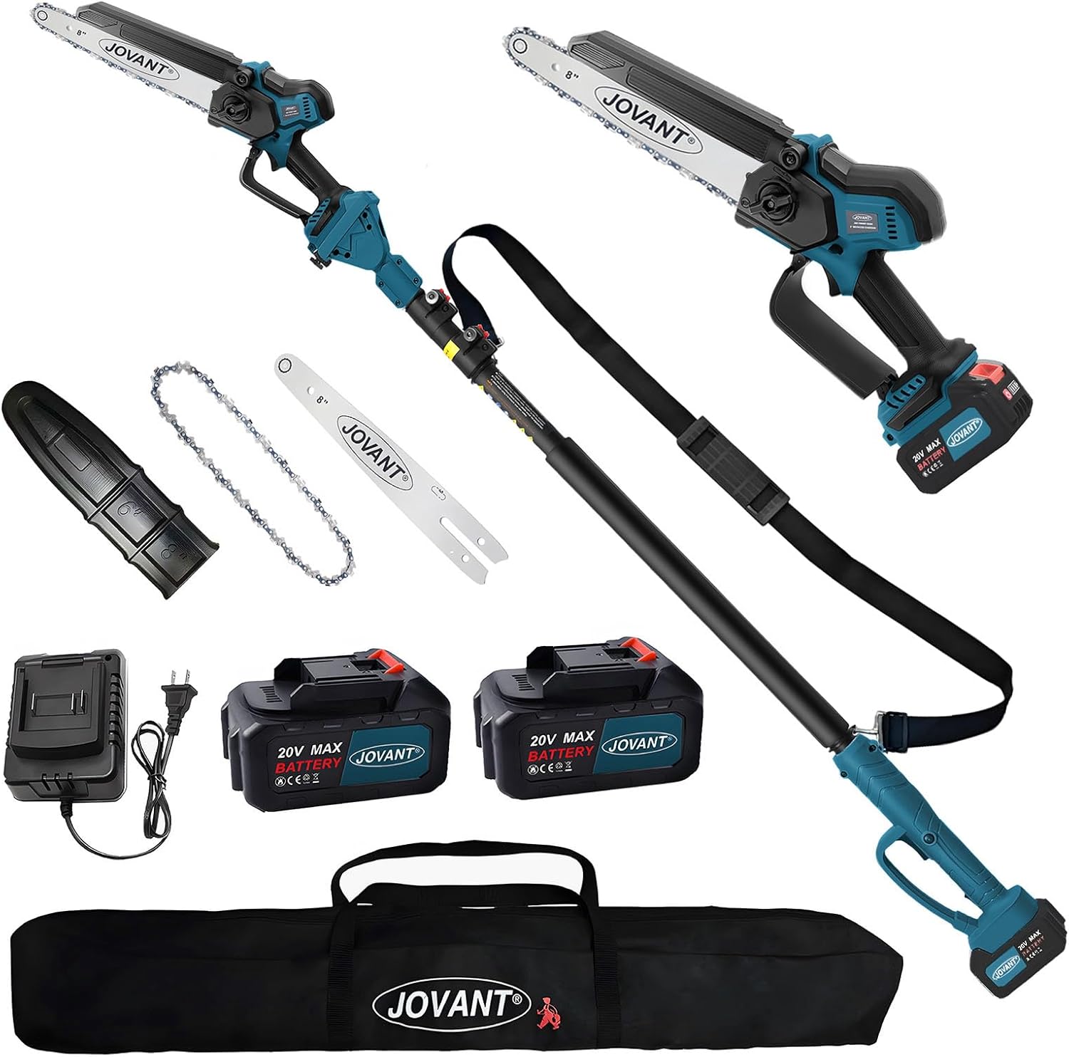 8 Inch Electric Pole Saw for Tree Trimming, 2-in-1 Cordless Chainsaw with Extension Pole 2 x 4.0Ah Battery Powered Lightweight Tree Branch cutter with Shoulder Strap for Garden Yard Pruning