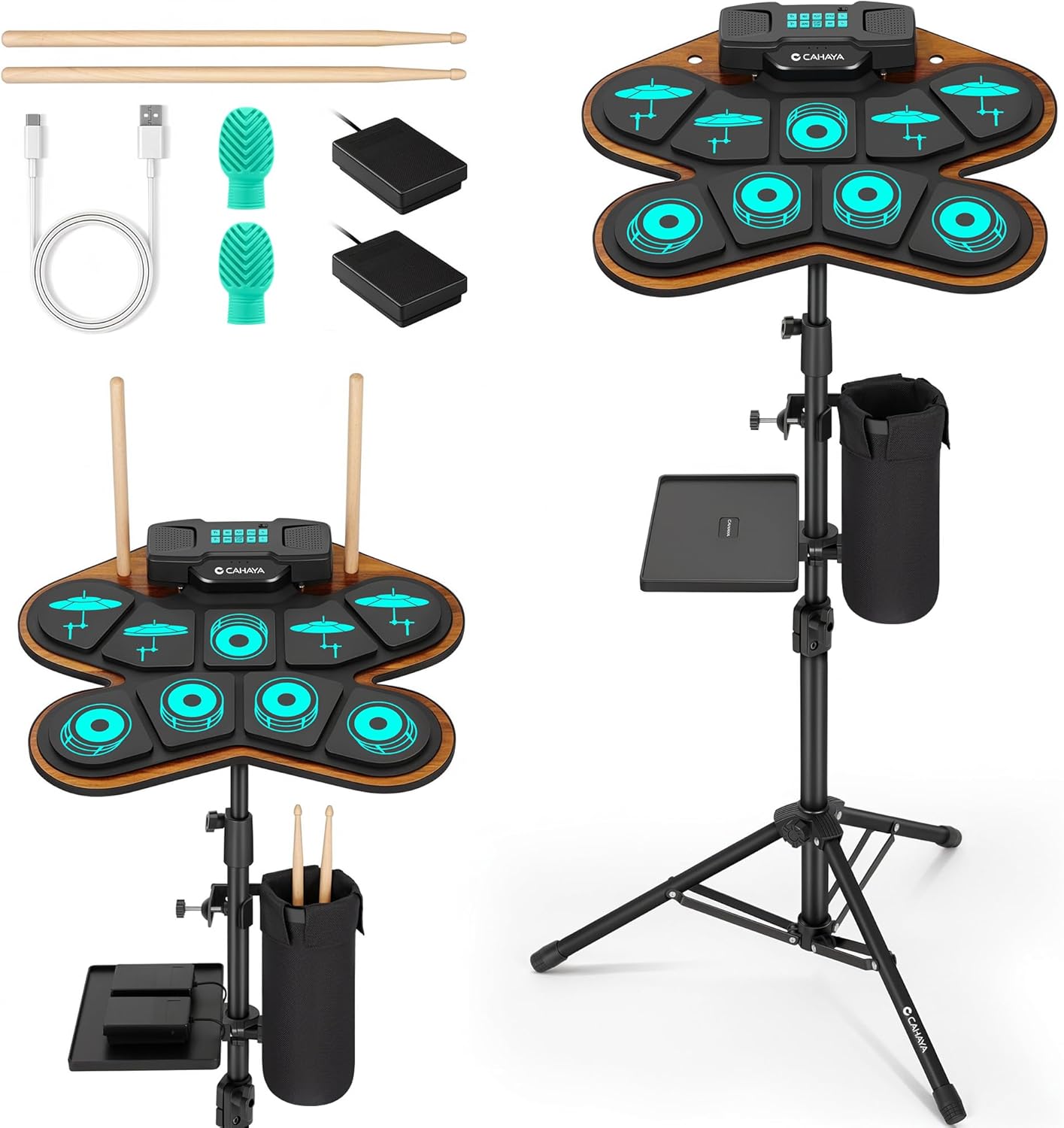 CAHAYA Electric Drum Pad Kids - Electronic Drum Set 9-Pads with Dual Speakers MIDI Portable Electric Drum Kit for Beginners Gift with Small Tray, Tripod Stand, Drumstick Bag