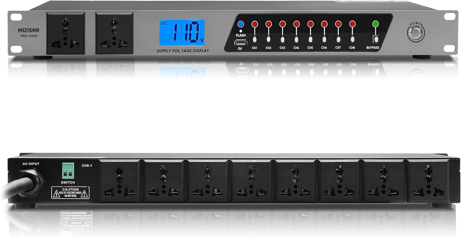 Power Conditioner, 20 Amps 10 Outlet Rack Mount Power Sequencer for Audio Equipment, 2000w Power Supply with 8 Independent Switches, 2P Surge Protector, External Switch, Voltage Display