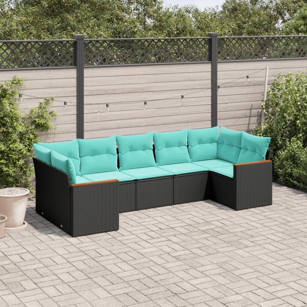 7-Piece Modular Outdoor Sofa Set, Black Poly Rattan Frame with Blue Cushions, Weather-Resistant Patio Furniture for Garden, Balcony, Seating up to 7 People