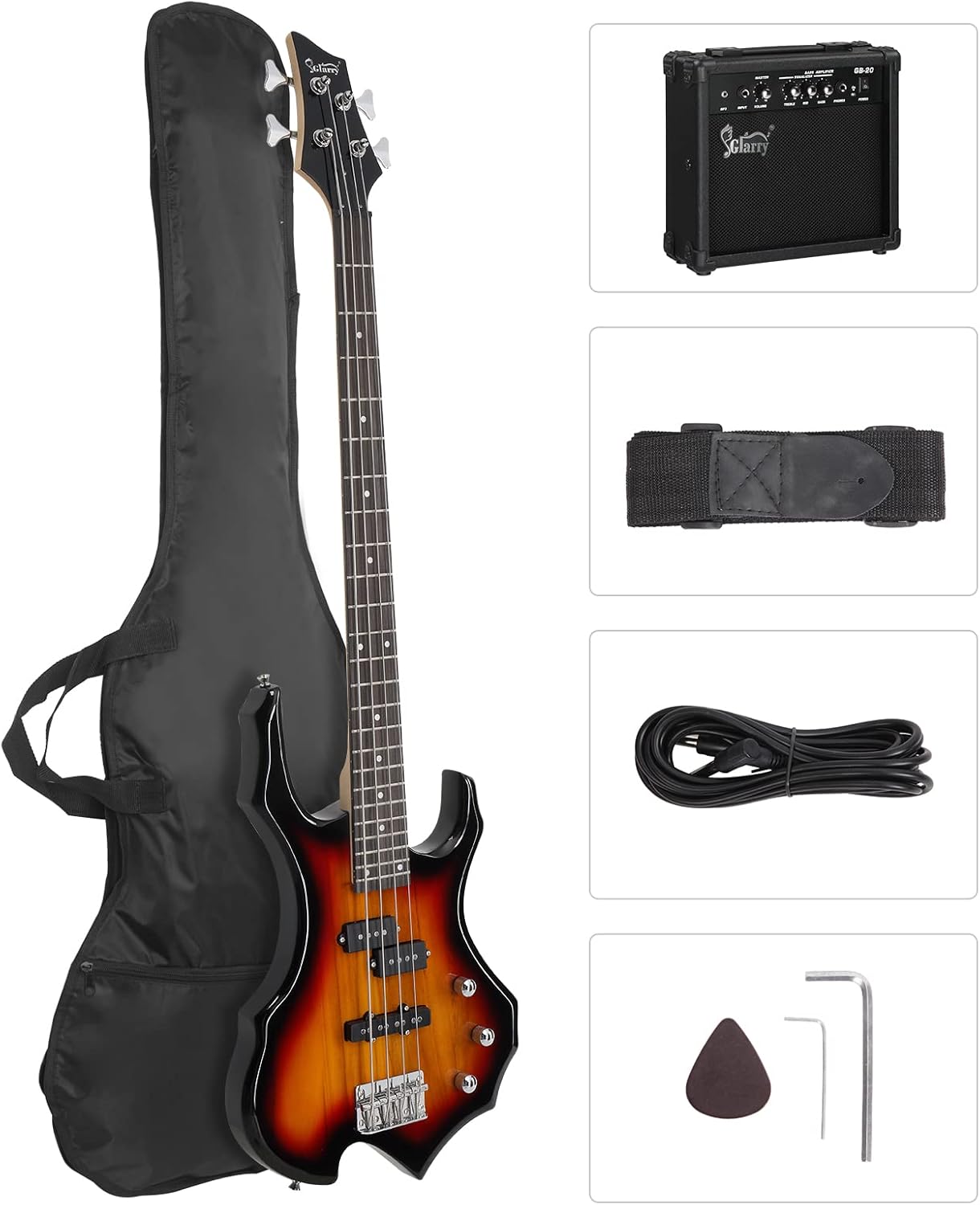GLARRY Electric Bass Guitar 4 Strings Buring Fire Style Single Coil - Split Single Coil Pickups for Beginner Adults Right Hand w/ 20W Amp, Bag, Strap and Cord (Sunset)