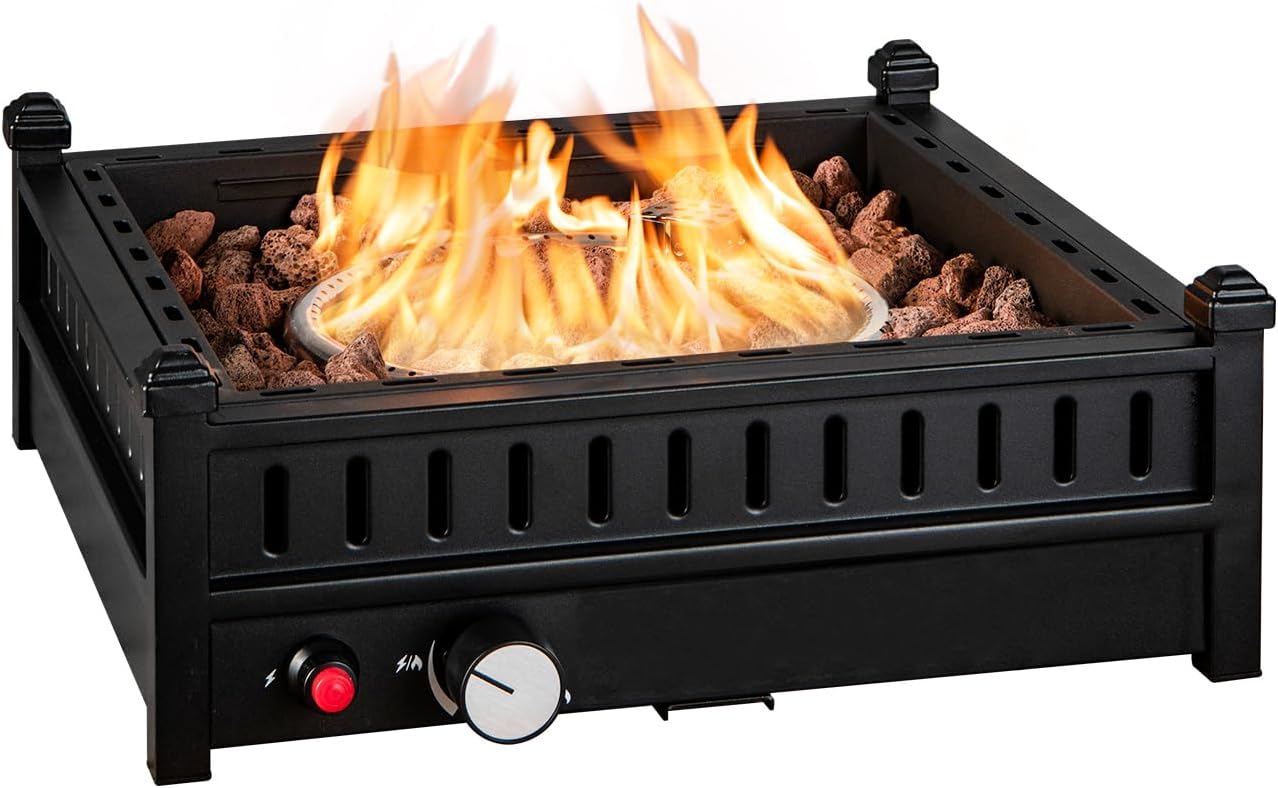 COSTWAY 16.5 Inch Tabletop Propane Fire Pit, 40,000 BTU Outdoor with Removable Lid, Simple Igniting System, Lava Rocks & Tank Seat Included, Ideal for Tables with 2'' Umbrella Hole