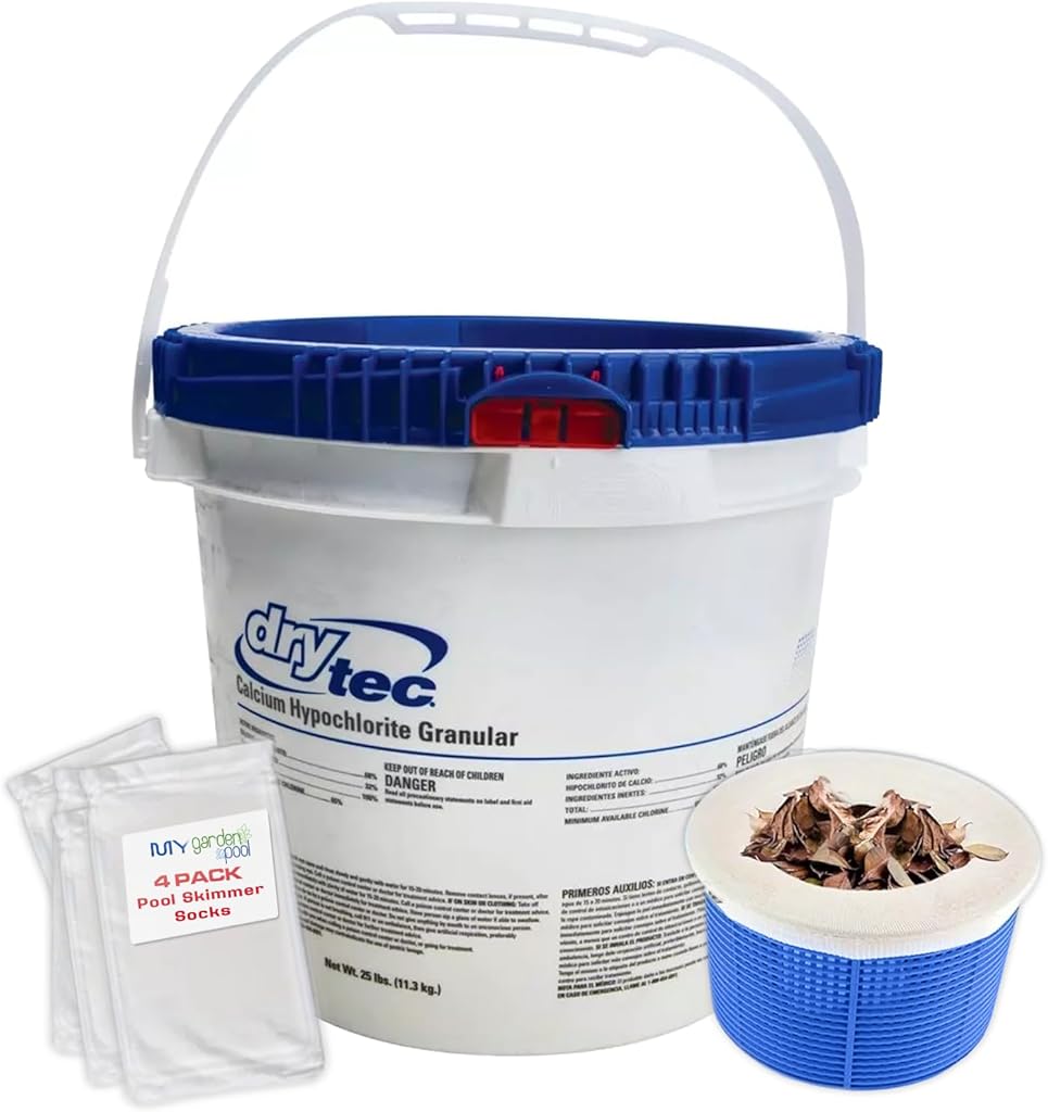 Drytec Calcium Hypochlorite Pool Shock 68%, 25 LB, Complete Pool Care Kit with My Garden Pool Skimmer Sock Powerful Chlorine Shock for Clear Swimming Water