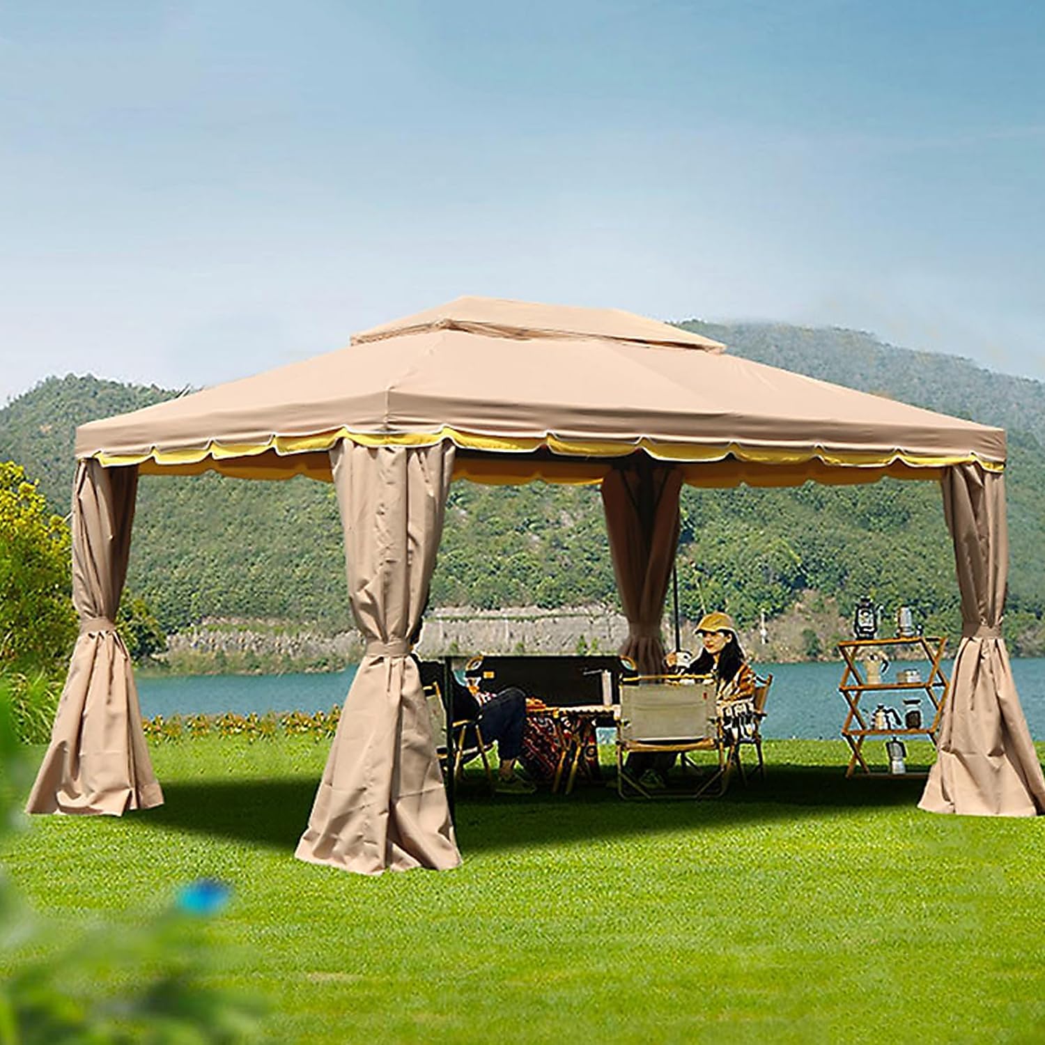 Outdoor Garden Gazebo, Aluminum Frame Permanent Pavilion, Double Roof Patio Pergola with Netting & Curtains, Heavy Duty Outside Gazebo Canopy Shelter, for Patio, Lawns,Khaki,10 * 13ft