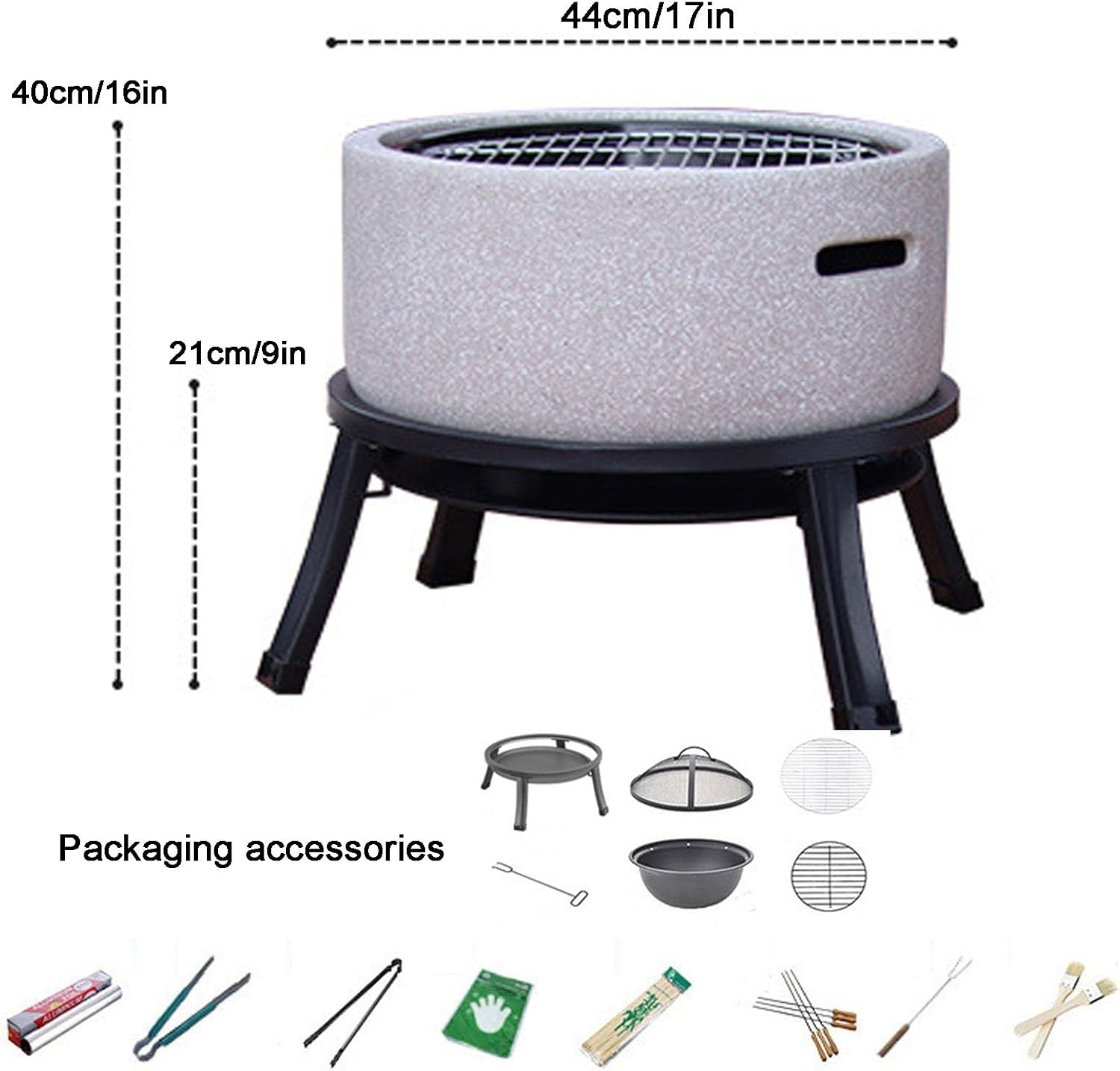 17in Round Fire Pit Combo, Outdoor Charcoal Stove, Hibachi Grill Outdoor with Marble, with Steel Bracket, for Barbecue, Outside Patio, Bonfires and Heating(White)