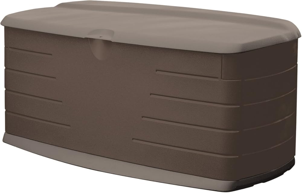 Rubbermaid Large Resin Outdoor Storage Deck Box with Seat (90 Gal), Weather Resistant, Brown, Deck Organization for Home/Backyard/Pool Chemicals/Toys/Garden Tools/Porch/Patio Cushions