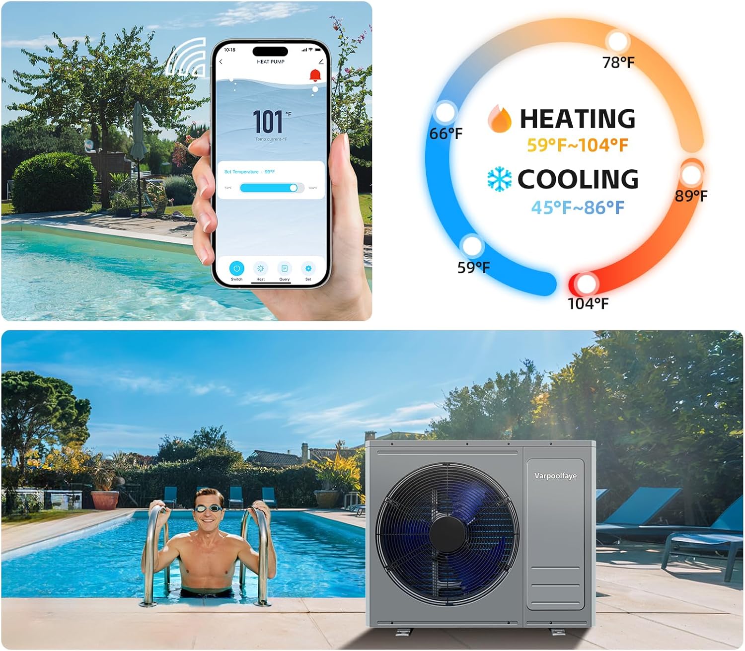 35100 BTU Pool Heater for Above Ground Pool,10000 Gallons Electric Pool Heater for Inground Pool,WiFi Control,Heating and Cooling Pool Heat Pump 220V 60HZ