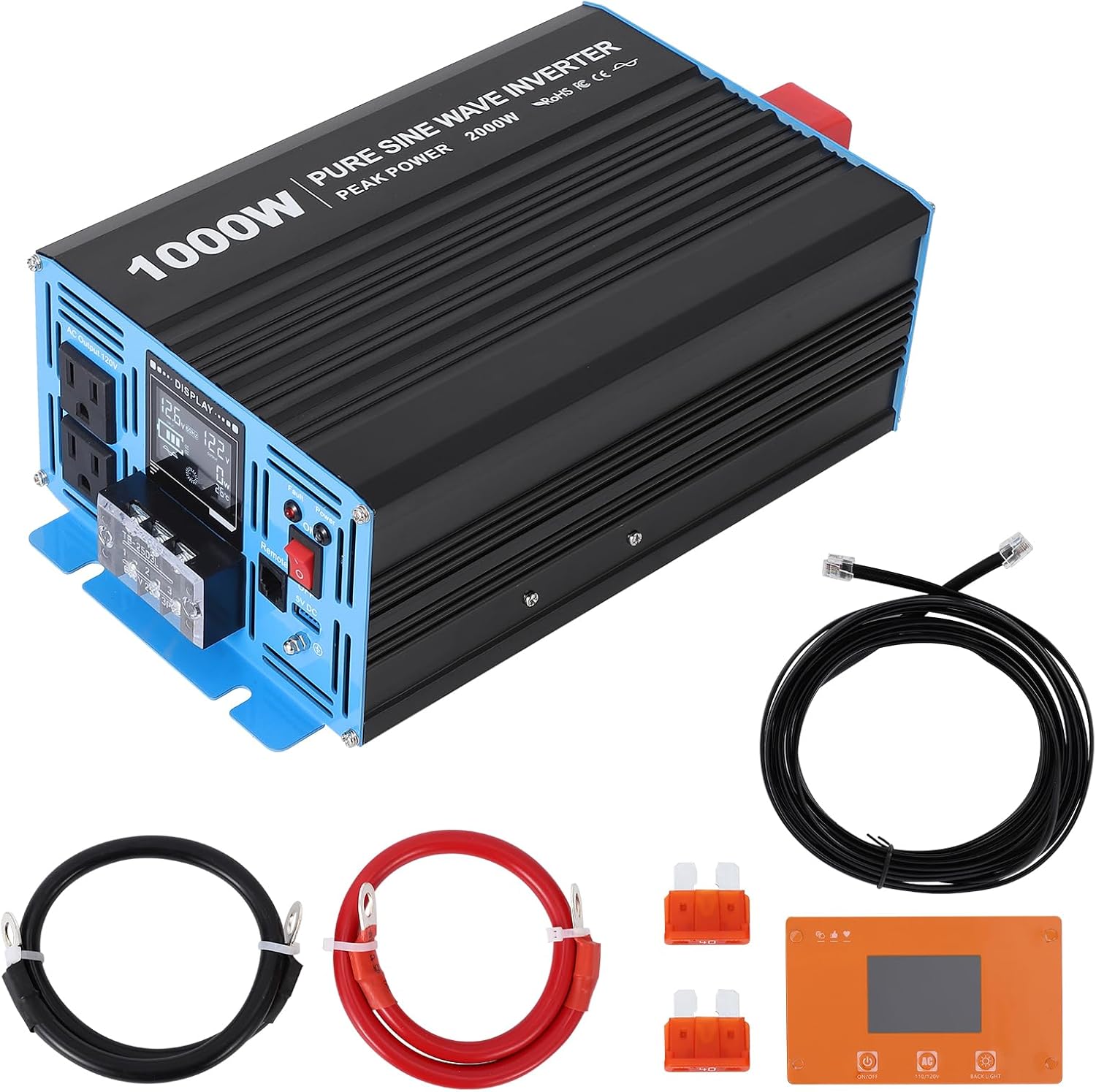 3000W Pure Sine Wave Inverter - 12v to 120v Inverter Built-in 5V/2.4A USB Port with Hardwire Remote Controller, LCD Indicator/Display, 2 AC outlets, for Home, Rv, Truck