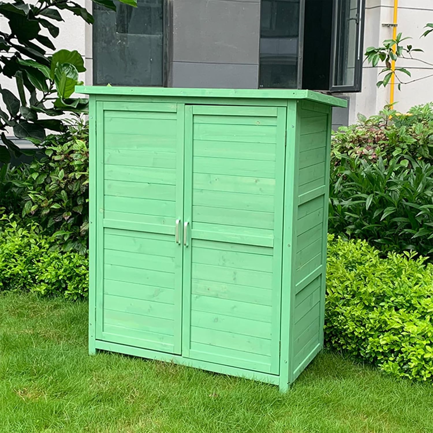 Garden Storage Cabinet, Wooden Garden Shed with Waterproof Roof, Outdoor Tool Shed with Galvanized Top and Two Shelves for Yard Tools Or Pool Accessories (One Color Green)