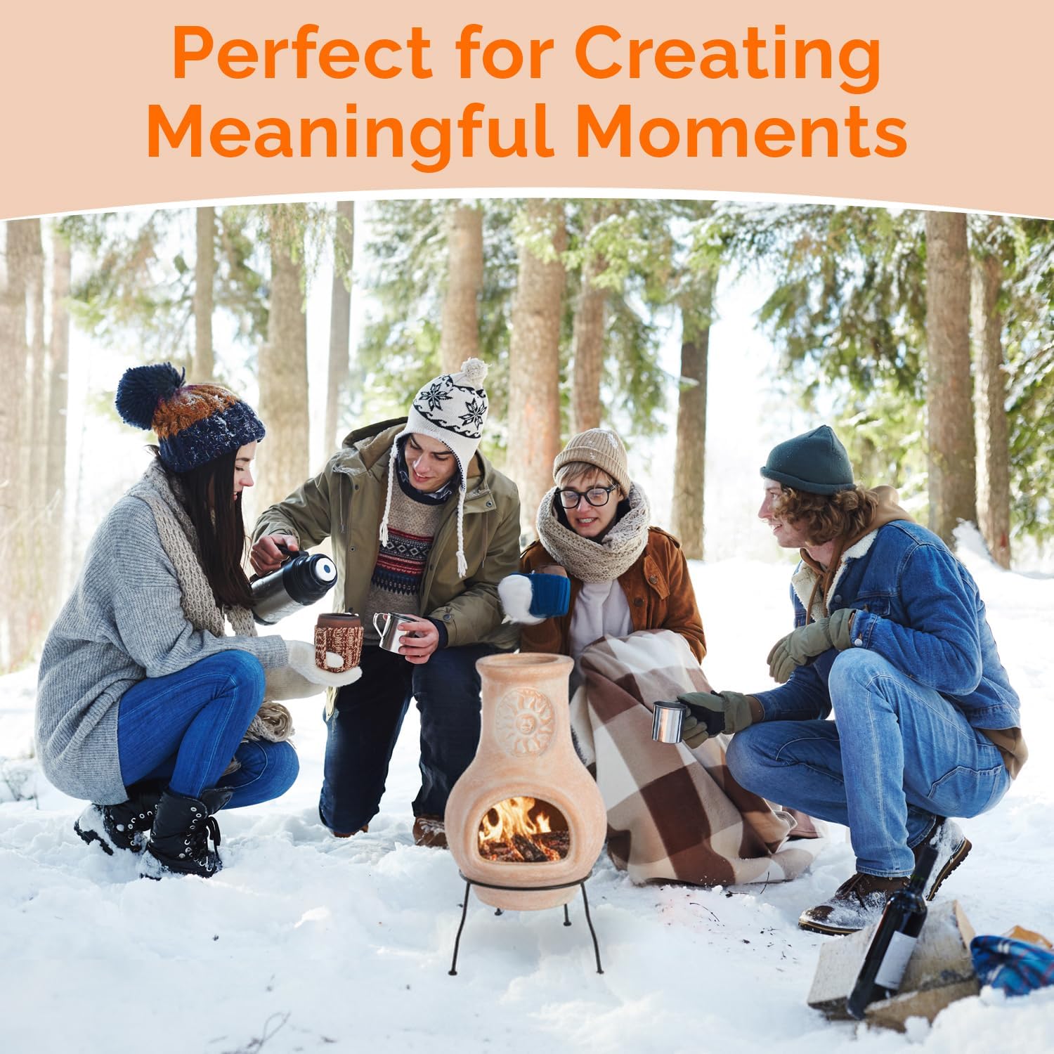 Vintiquewise Beige Outdoor Clay chiminea Outdoor Fireplace Sun Design Charcoal Burning Fire Pit with Sturdy Metal Stand, Barbecue, Cocktail Party, Family Gathering, Cozy Nights Fire Pit