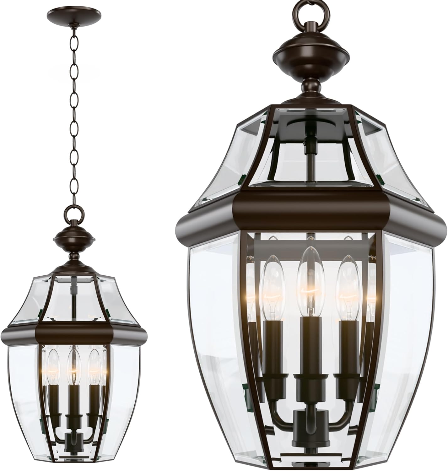 Large Outdoor Pendant Light Fixture 3-Light, 20in Modern Bronze Outdoor Chandelier Hanging Porch Light, Metal Exterior Ceiling Mount Hanging Lantern with Clear Glass for Front Door, Entrance, Gazebo