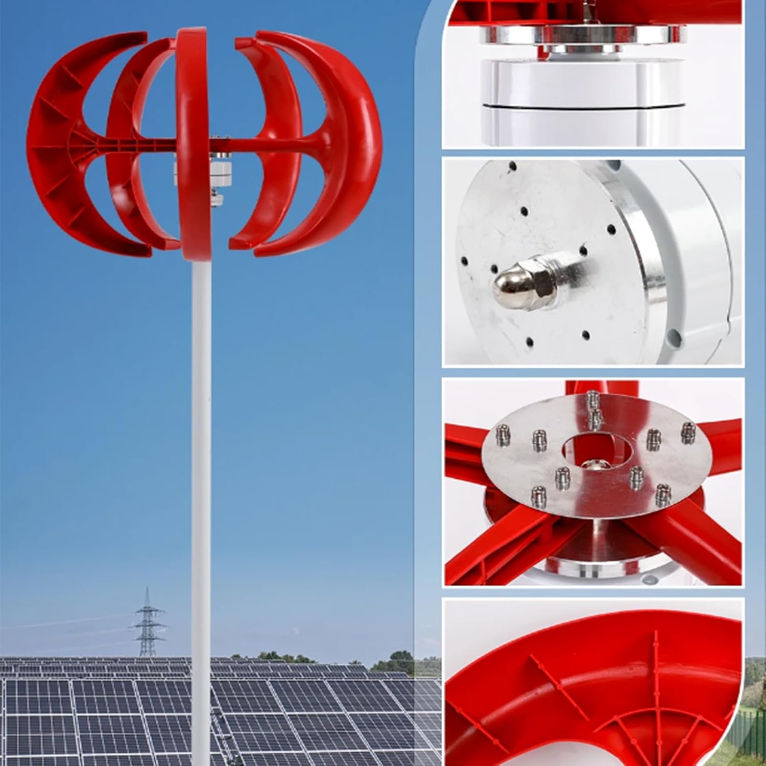 1200W Wind Turbine Generator Kit, with MPPT Controller 12V 24V 48Vlow Speed Start Vertical Wind Generator Applicable Emergency Power Generation (Red)