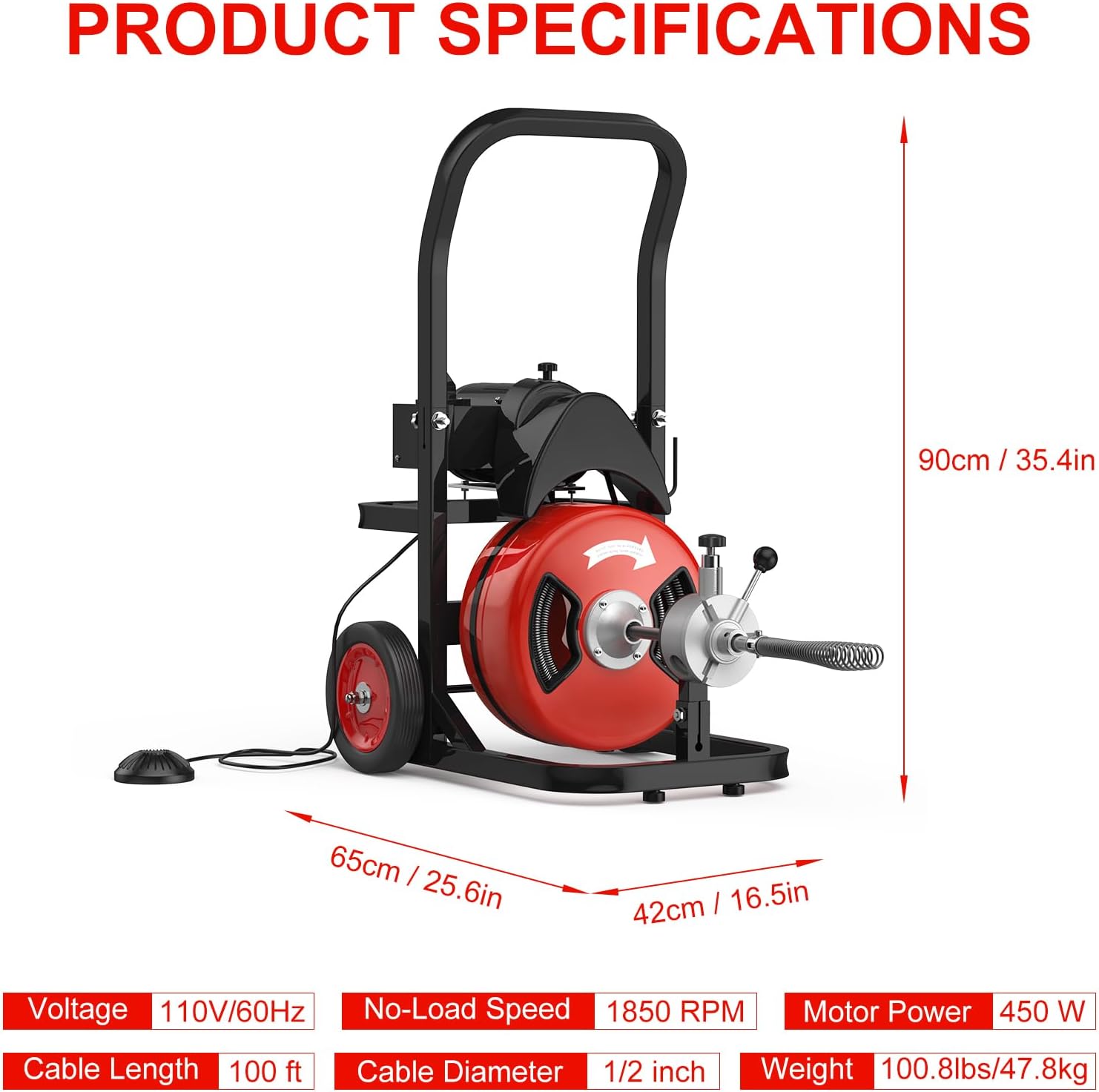 Drain Cleaner Machine, 100FT x 1/2 Inch Auto Feed Sewer Snake Auger, 450W Electric Drain Auger, Sewer Snake with 6 Cutters and Pneumatic Foot Switch, for 2