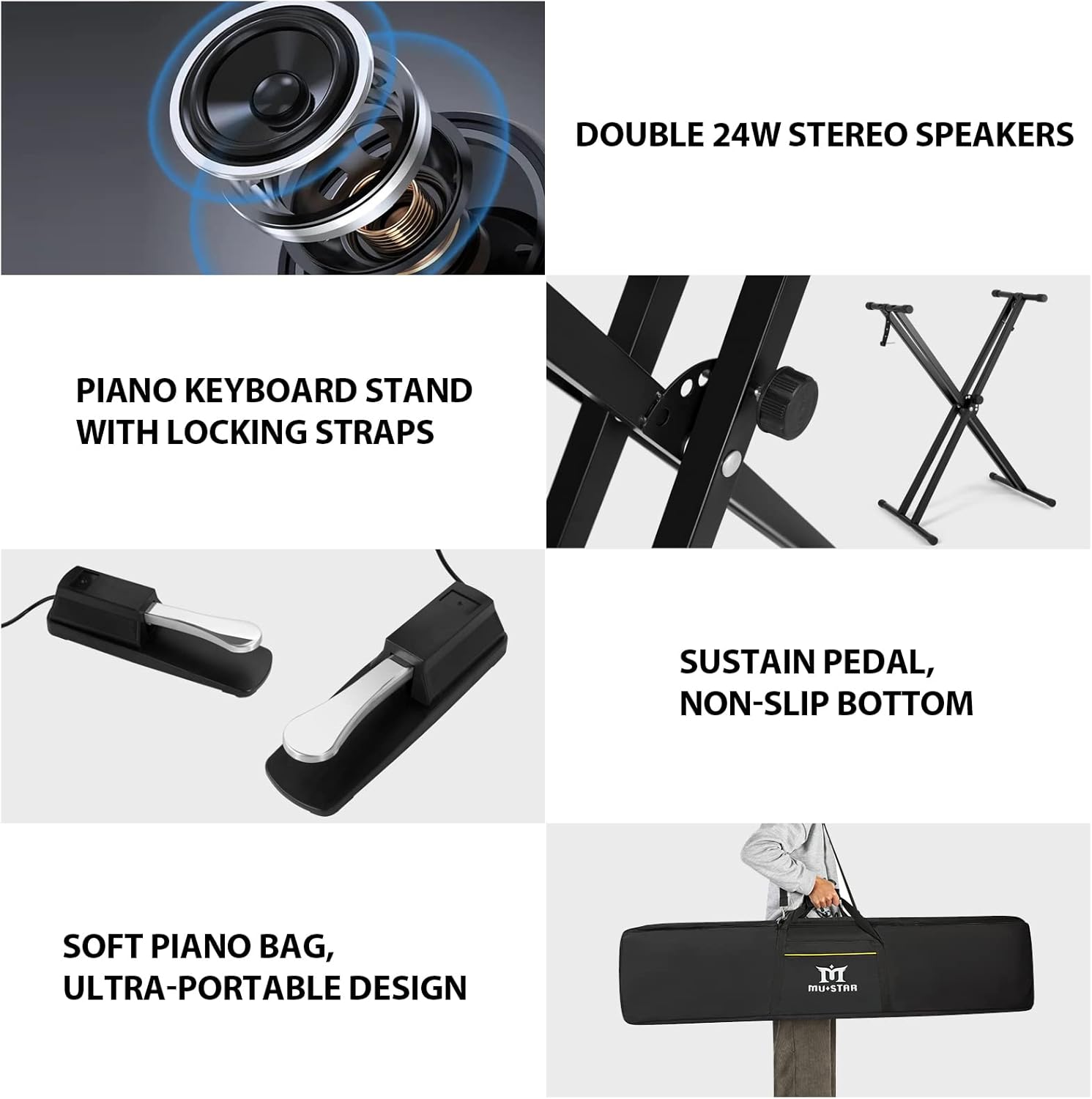 MUSTAR Piano Keyboard 88 Key Weighted Keyboard, Digital Keys Semi Weighted with Stand, Full Size Electric Bluetooth Connection, Portable Case, Sustain Pedal, MDF, White Touch-response Key