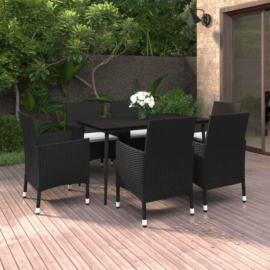 7 Piece Patio Dining Set with Cushions Poly Rattan and Glass Garden Furniture