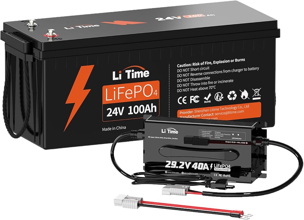 LiTime 24V 100Ah LiFePO4 Lithium Battery with 29.2V 40A LiFePO4 Battery Charger, Built-in 100A BMS, Up to 15000 Cycles, Max. 2560W Load Power for RV/Camper, Solar, Trolling Motor, Marine, Off-Grid
