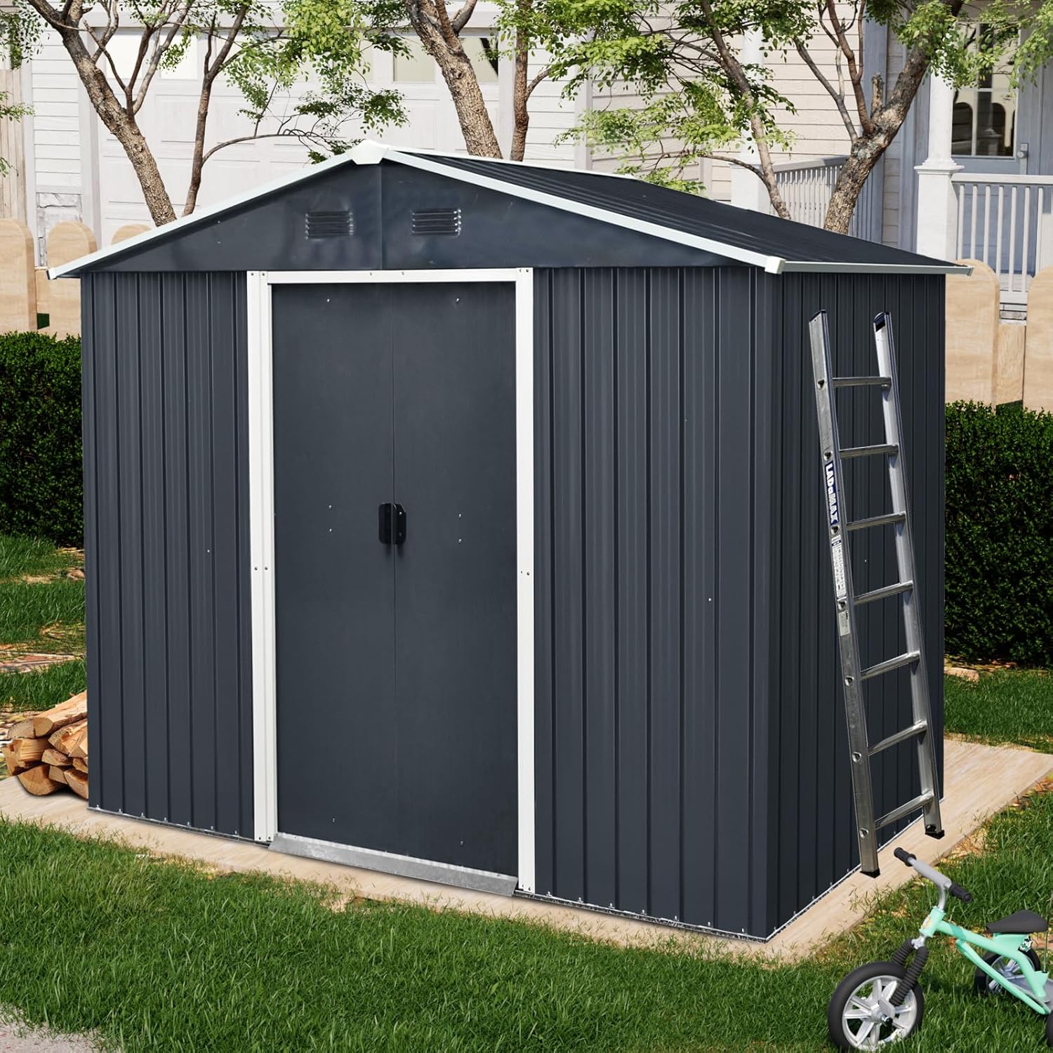 8x4 ft Outdoor Metal Storage Shed with Floor Foundation, Lockable Galvanized Steel Tool Shed with Sliding Door and Air Vent, Waterproof Garden Storage House for Backyard, Patio