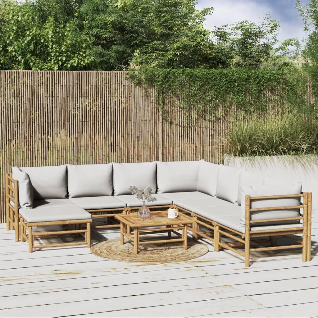 9 Piece Patio Lounge Set with Light Gray Cushions Bamboo,Premium Bamboo Patio Lounge Set for Enhanced Outdoor Relaxation Patio Furniture Sets, Outdoor Furniture Sets