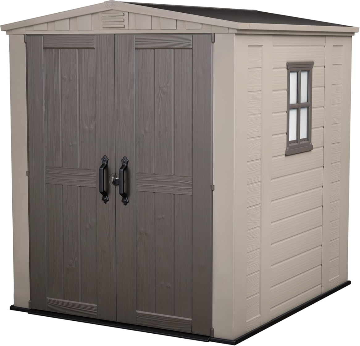 Keter Factor 8x8 Foot Large Resin Outdoor Shed with Floor for Patio Furniture, Lawn Mower, and Bike Storage, Taupe & Brown