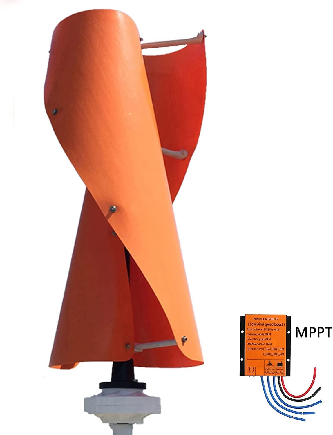 Portable No Noise Vertical Wind Turbine Generator, 5000W 12V 24V 48V 220V Low Wind Speed Start Spiral Wind Turbine with Controller (Orange),220v