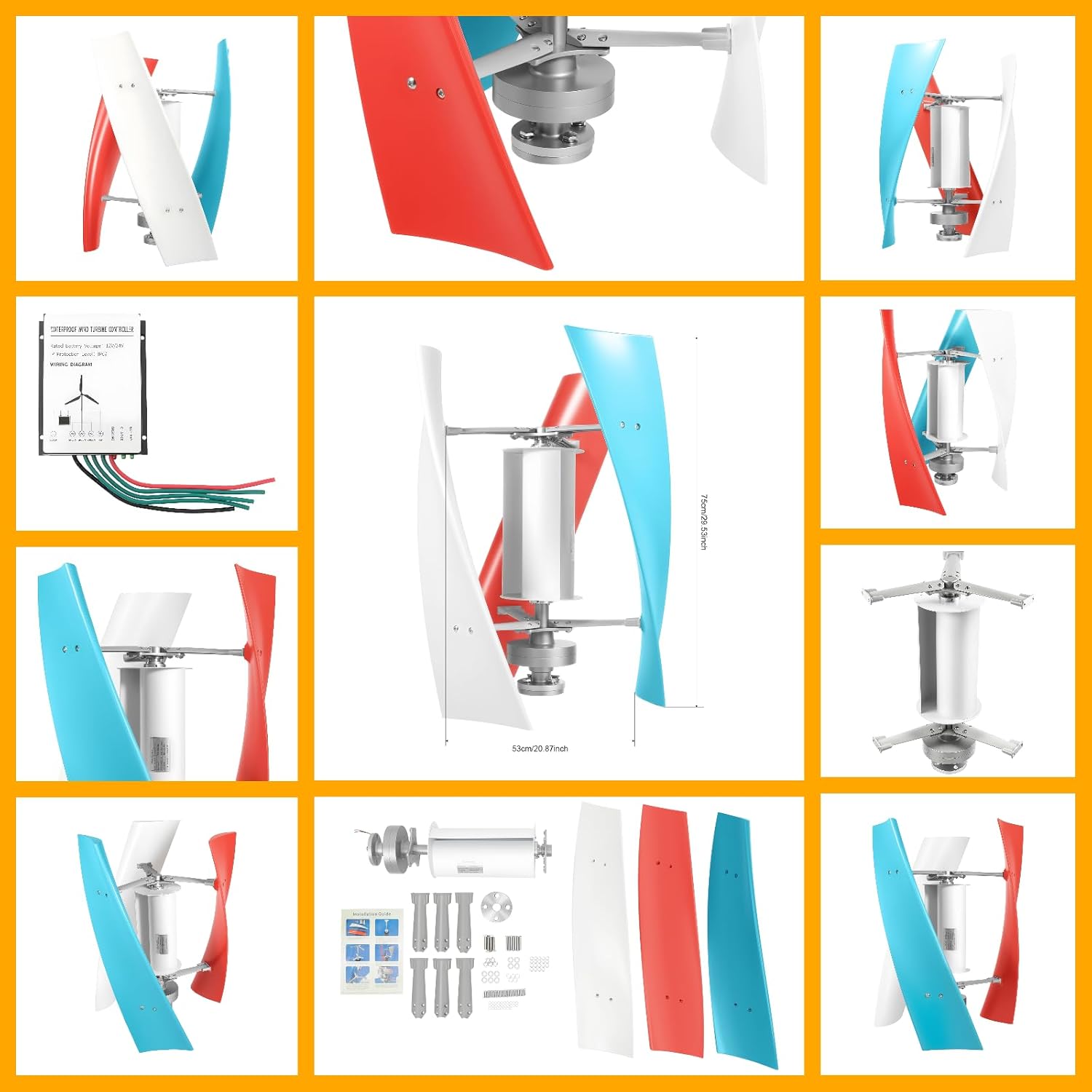 Wind Turbine w/ Controller, 400W 12V 3-color 3-blade Wind Turbine Generator, Clean Energy Generation Device, Helix Vertical Maglev Generator, Spiral Coreless Permanent Magnet Generators, 20.87*29.53in