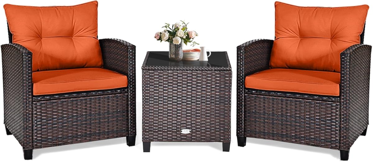 KOTEK 3 Piece Patio Furniture Set, Outdoor Conversation Set with Washable Cushions & Tempered Glass Tabletop, PE Rattan Wicker Bistro Set for Porch, Garden, Balcony (Orange)