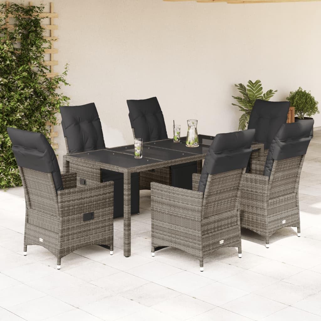6-Seater Grey Poly Rattan Bistro Set, Adjustable Armrests, Outdoor Patio Dining Table and Chairs Set, UV-Resistant Garden Furniture