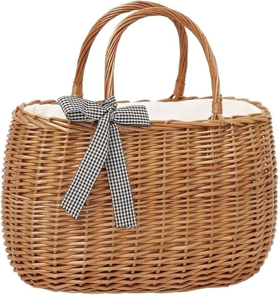Handmade Wicker Storage Basket with Lining, Hand Carry Picnic Hamper, Outdoor Picnic Basket, Picnic Food Basket, Fruit Storage Basket