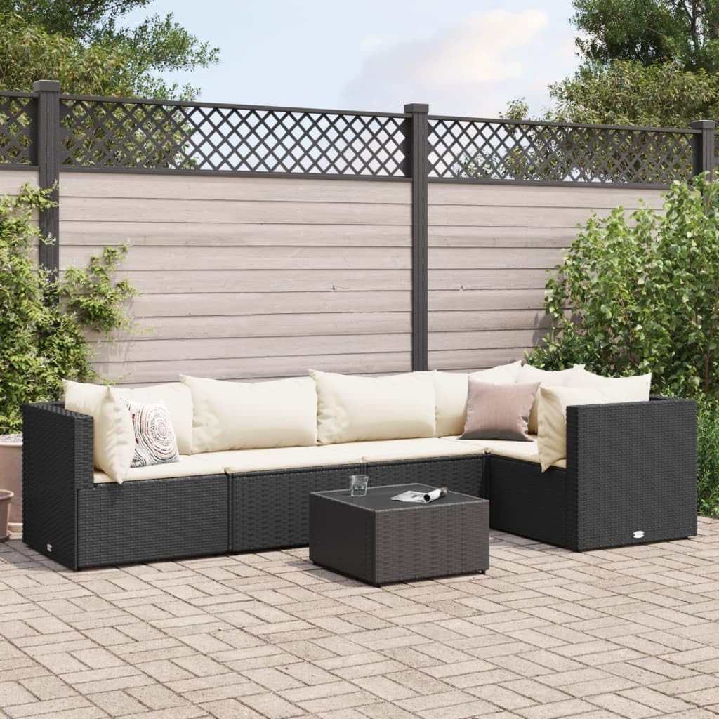 Furniture Sets 6 Piece Patio Lounge Set with Cushions Black Poly Rattan,Exquisite Modular Outdoor Furniture Set with Glass Table for Patio and Backyard Garden Conversation Sets