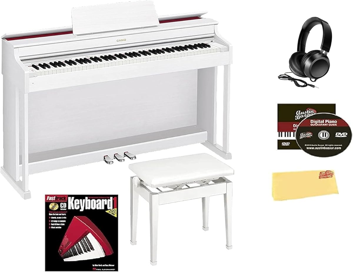 Casio AP-470 CELVIANO 88-Key Digital Cabinet Piano - White Bundle with Furniture Bench, Headphones, Online Lessons, Austin Bazaar Instructional DVD, and Polishing Cloth