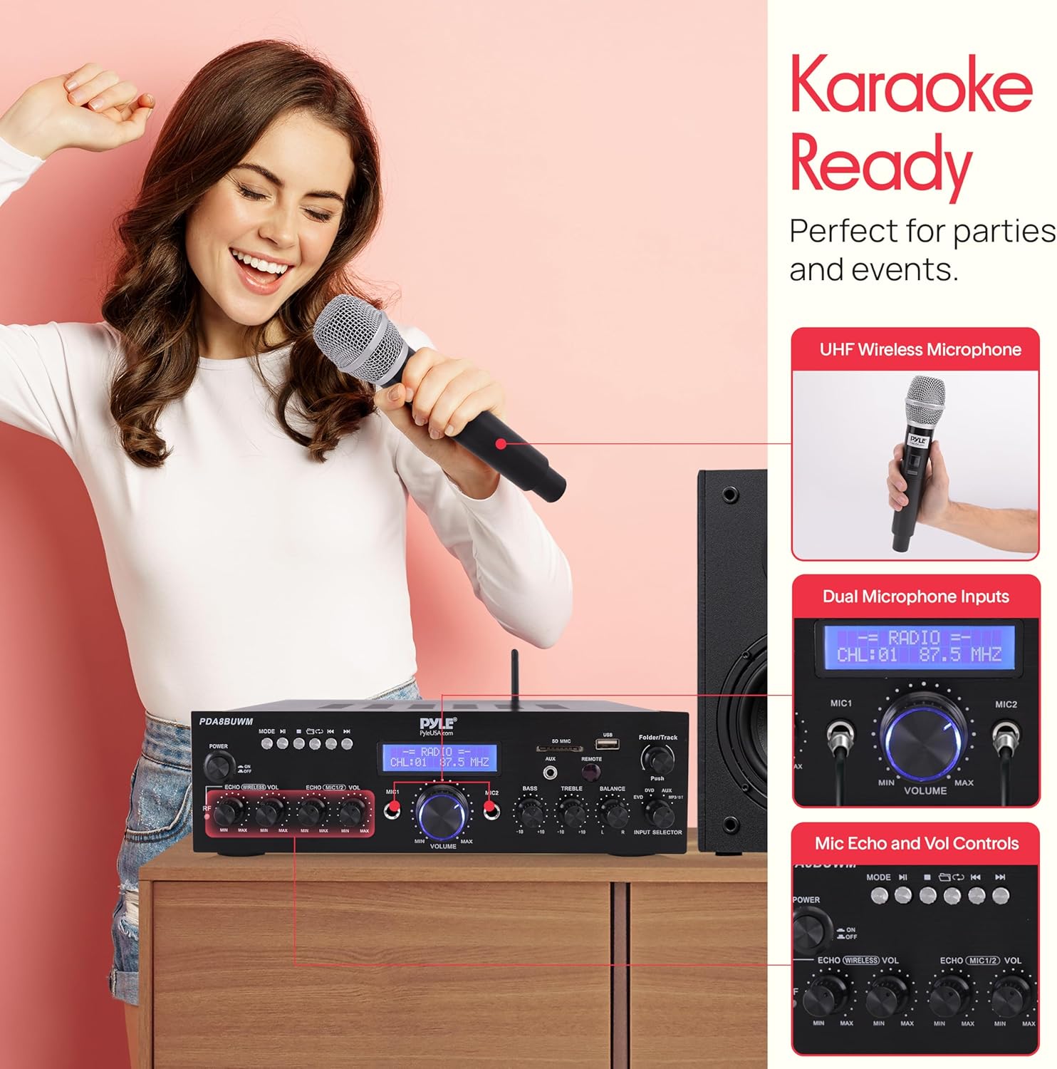 Pyle Wireless Microphone Bluetooth Amplifier-200W Peak Power Dual Channel Stereo Audio Receiver w/USB,AUX in, Dual Mic Inputs w/Echo Control,RCA Input, For Karaoke,Home Theater,Music Studio- PDA8BUWM