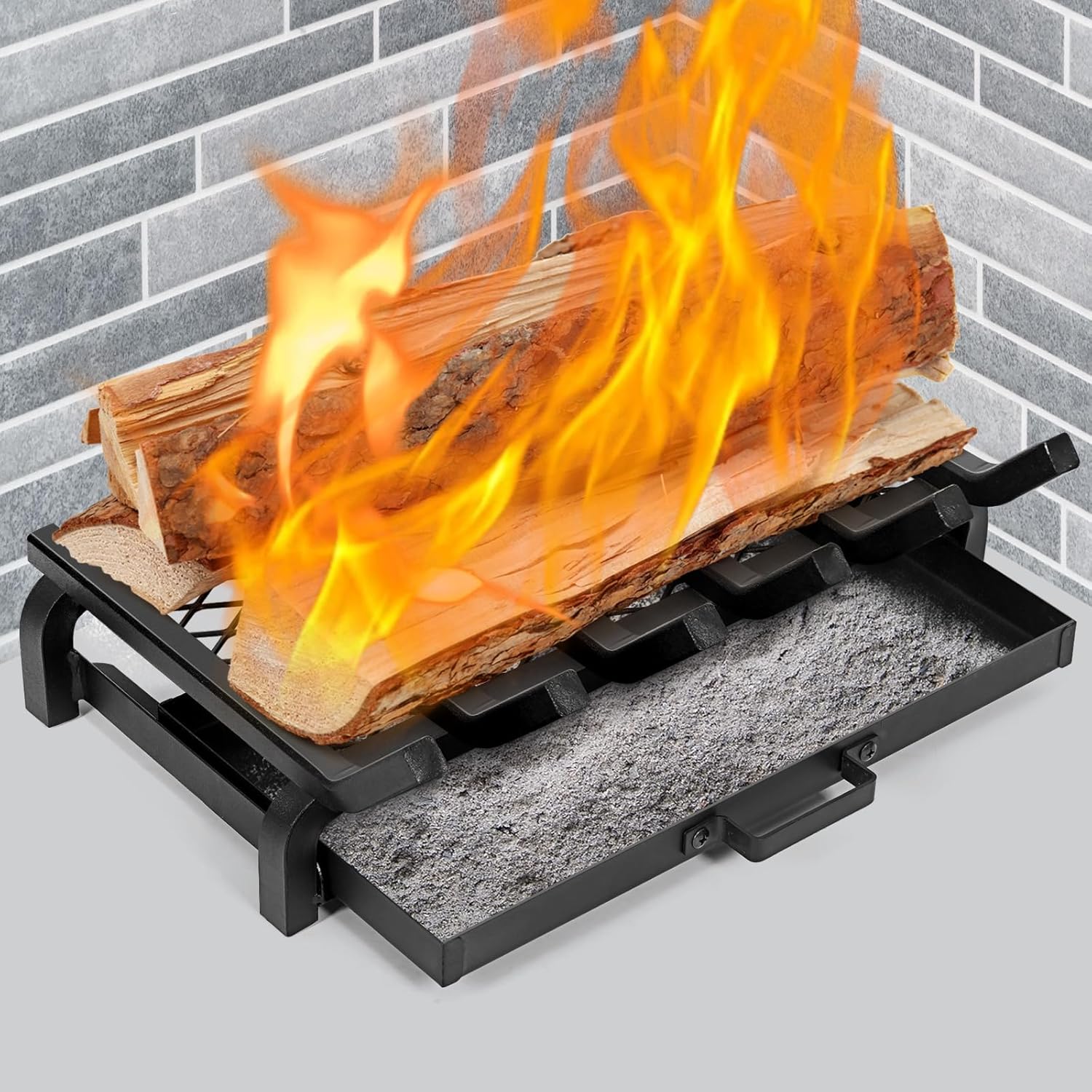 Fireplace Grate 20 Inch- Wood Stove Fireplace Log Grates with Ember & Ash Trays Pan, Heavy Duty Wrought Cast Iron Rack Holder Pit for Indoor Outdoor Chimney Hearth